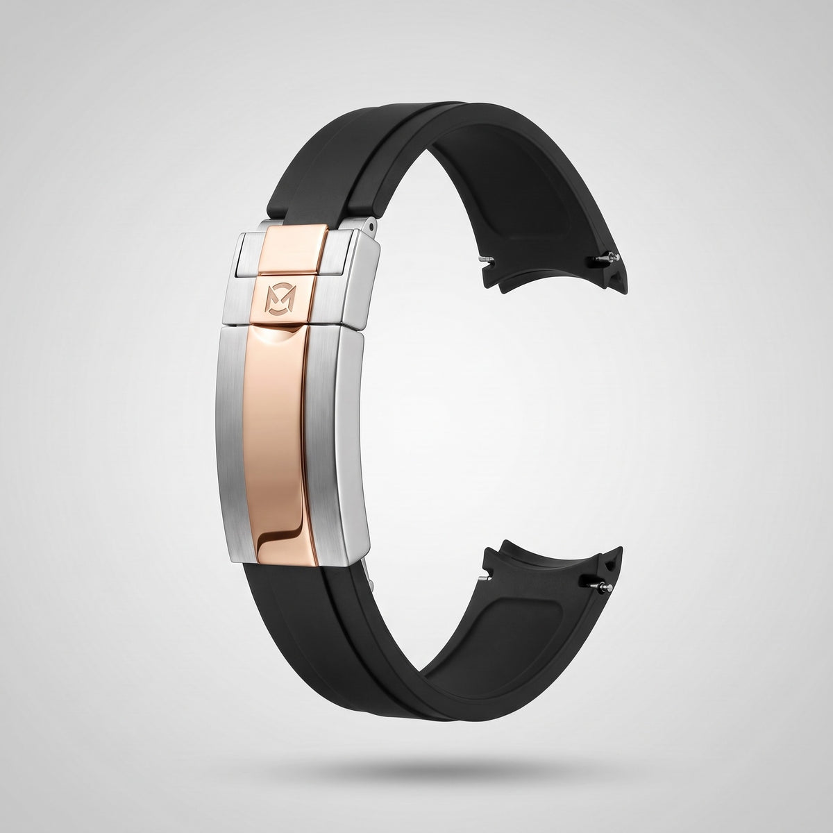 Classic Black quick release silicone strap 20 mm, rose gold and silver clasp engraved with the Chrono Mod logo