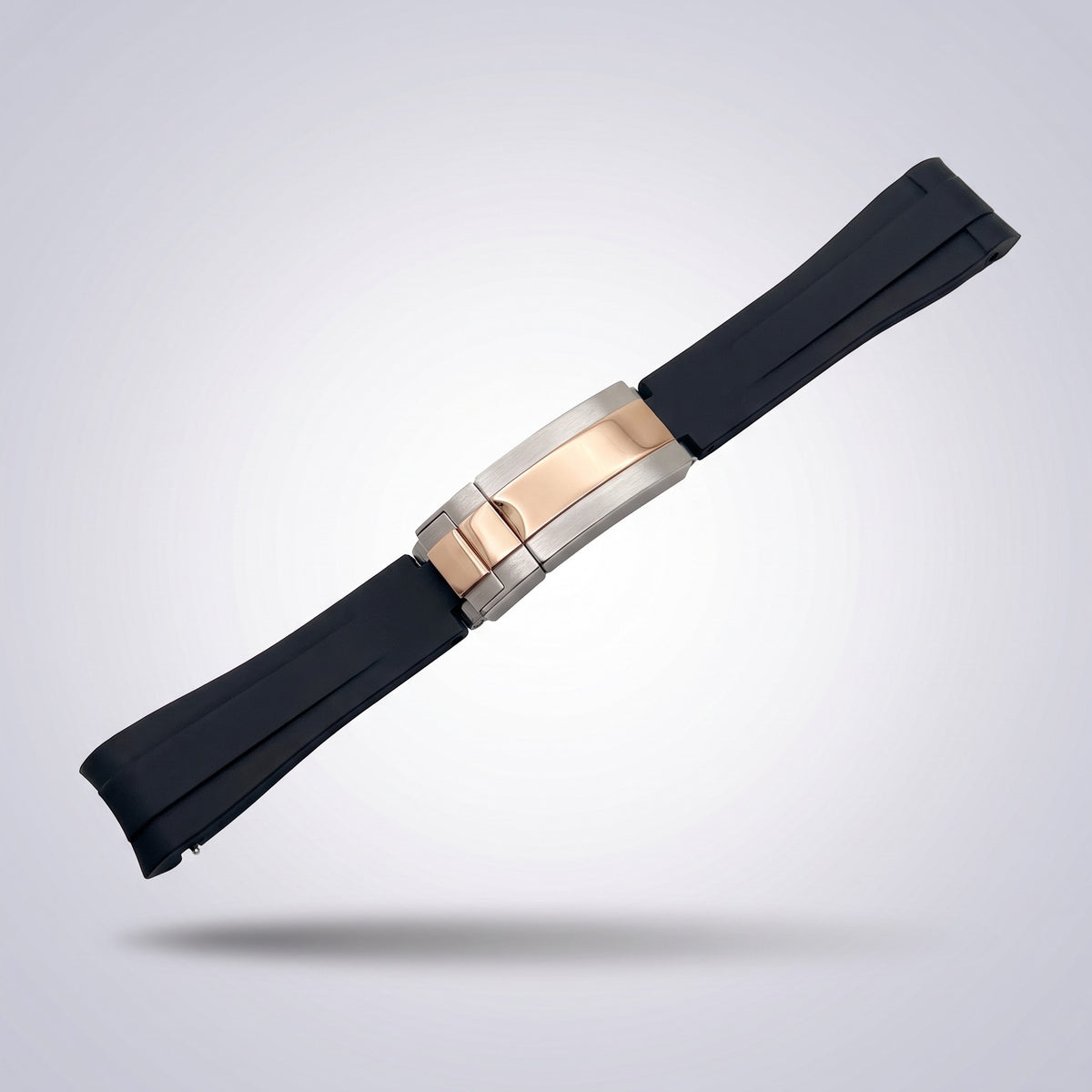 Quick Release Silicone Strap 20mm in Classic Black with two-tone rose gold and steel buckle