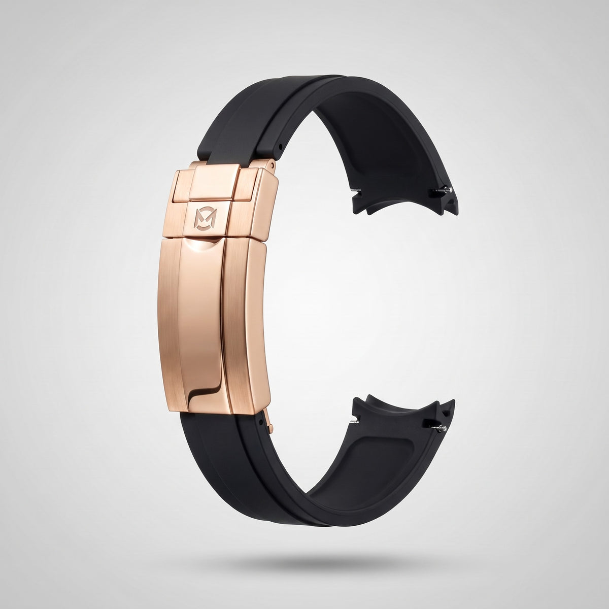 Classic Black quick release silicone strap 20 mm, rose gold clasp engraved with the Chrono Mod logo