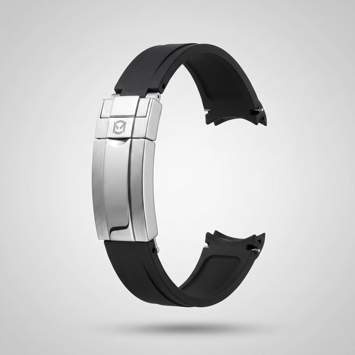 Classic Black quick release silicone strap 20 mm, brushed stainless steel clasp engraved with the Chrono Mod logo