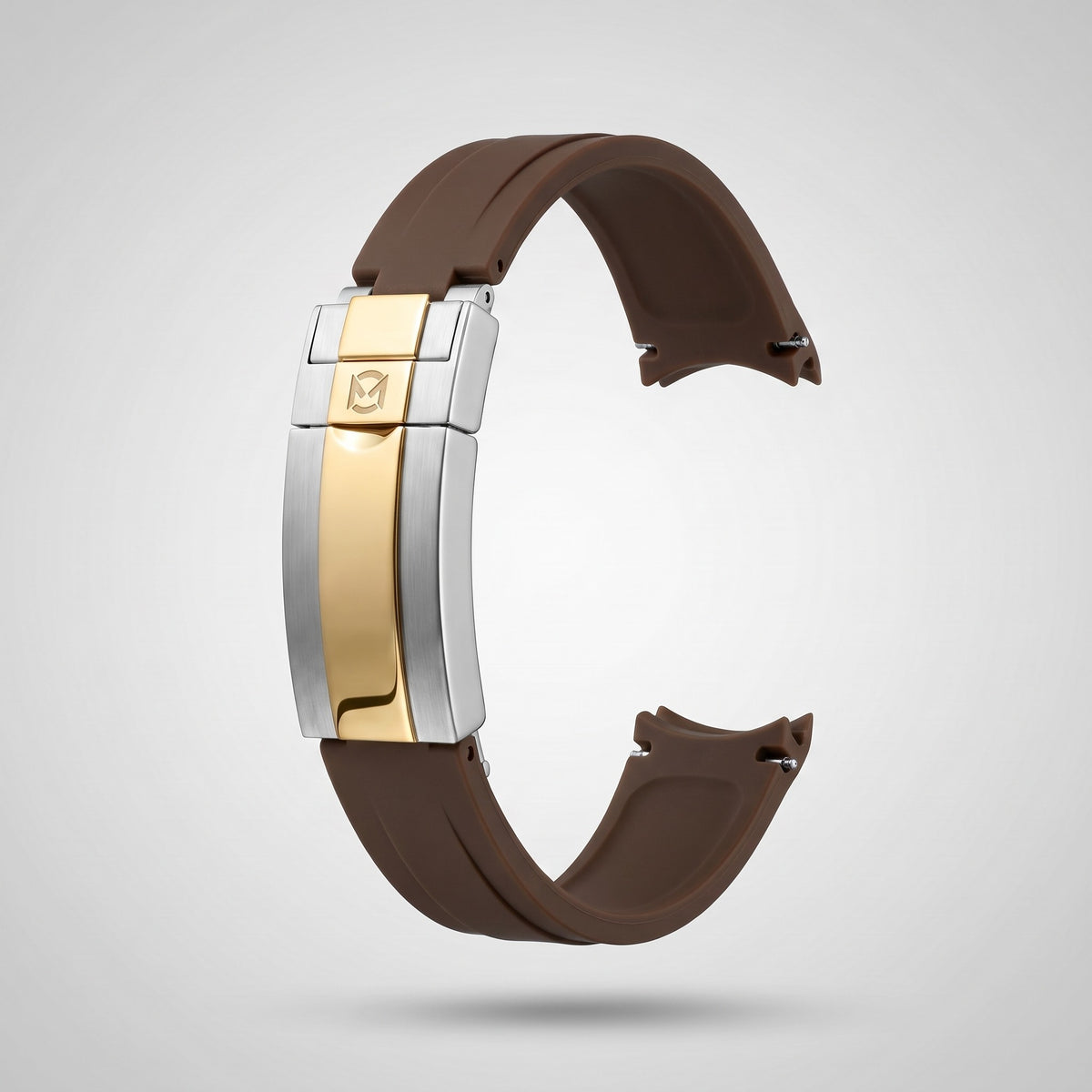 Espresso Brown quick release silicone strap 20 mm, gold and silver clasp engraved with the Chrono Mod logo