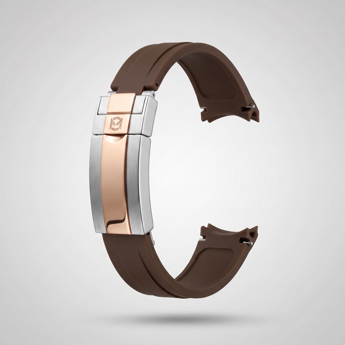 Espresso Brown quick release silicone strap 20 mm, rose gold and silver clasp engraved with the Chrono Mod logo