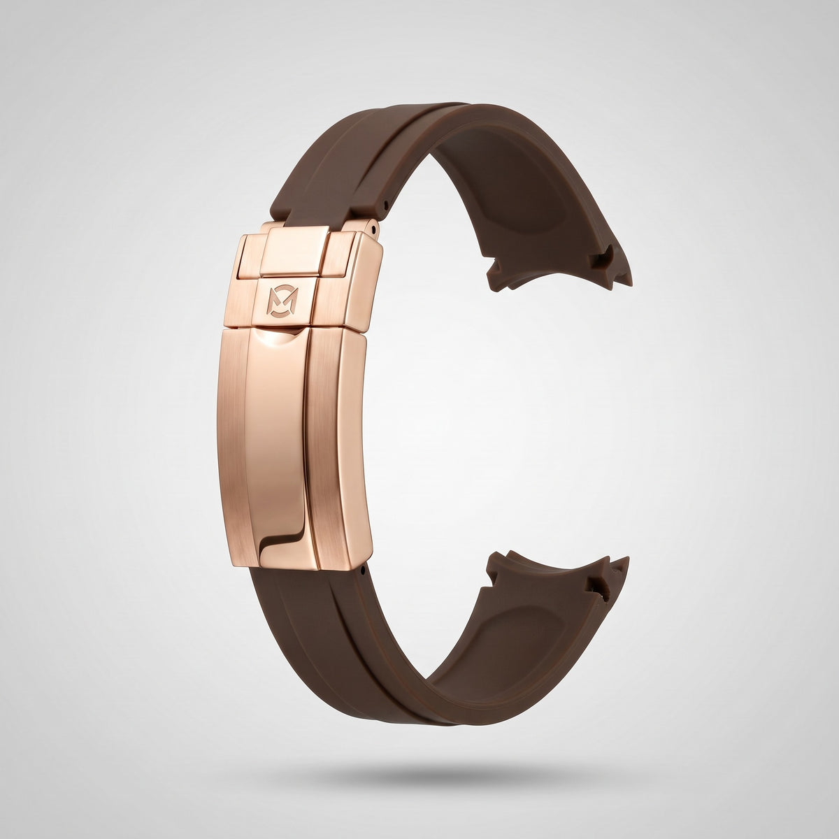 Espresso Brown quick release silicone strap 20 mm, rose gold clasp engraved with the Chrono Mod logo