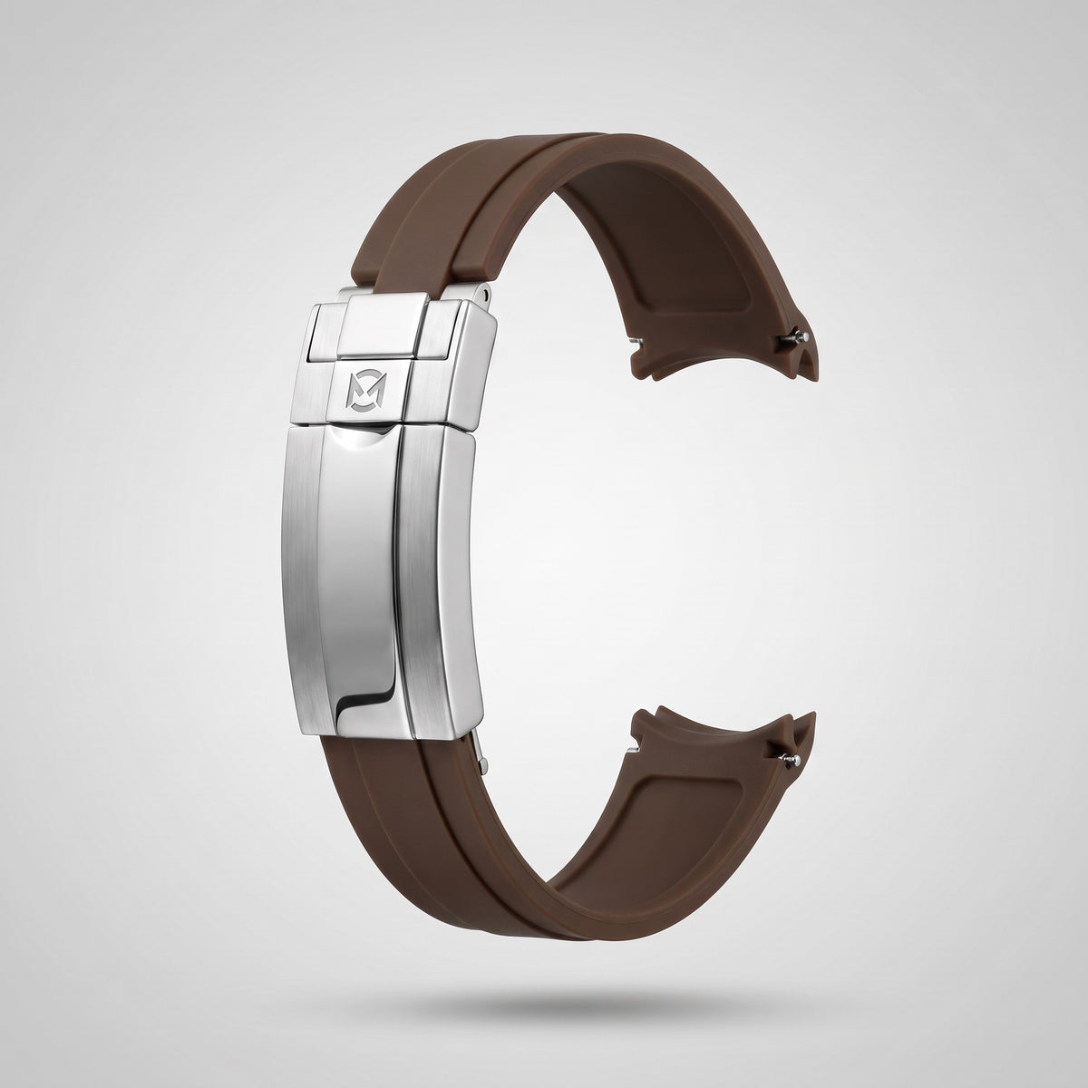 Espresso Brown quick release silicone strap 20 mm, brushed stainless steel clasp engraved with the Chrono Mod logo
