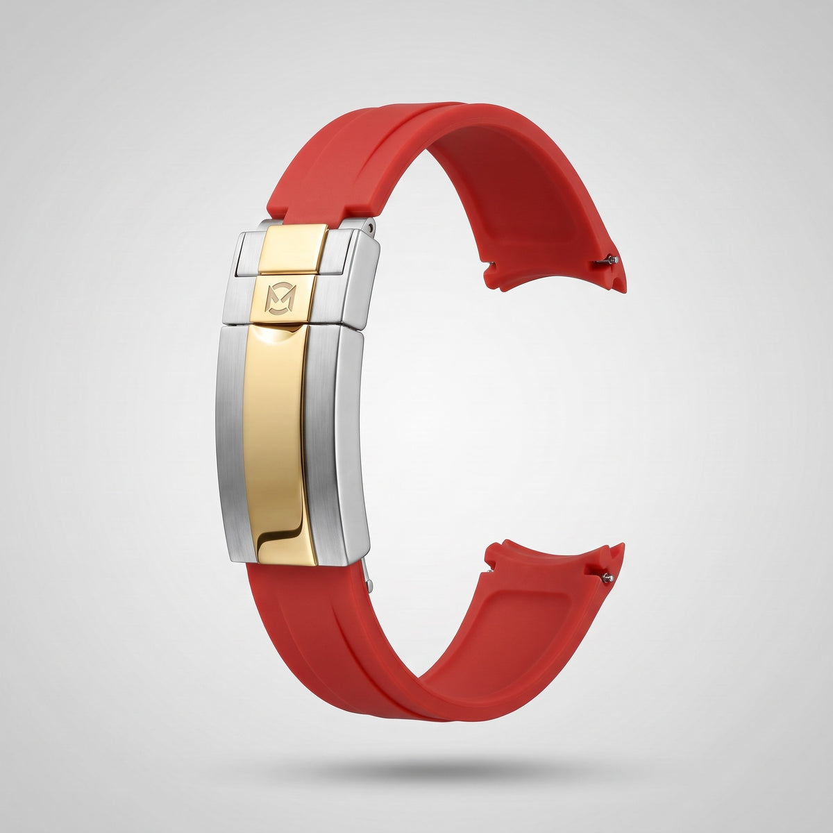 Crimson Red quick release silicone strap 20 mm, gold and silver clasp engraved with the Chrono Mod logo