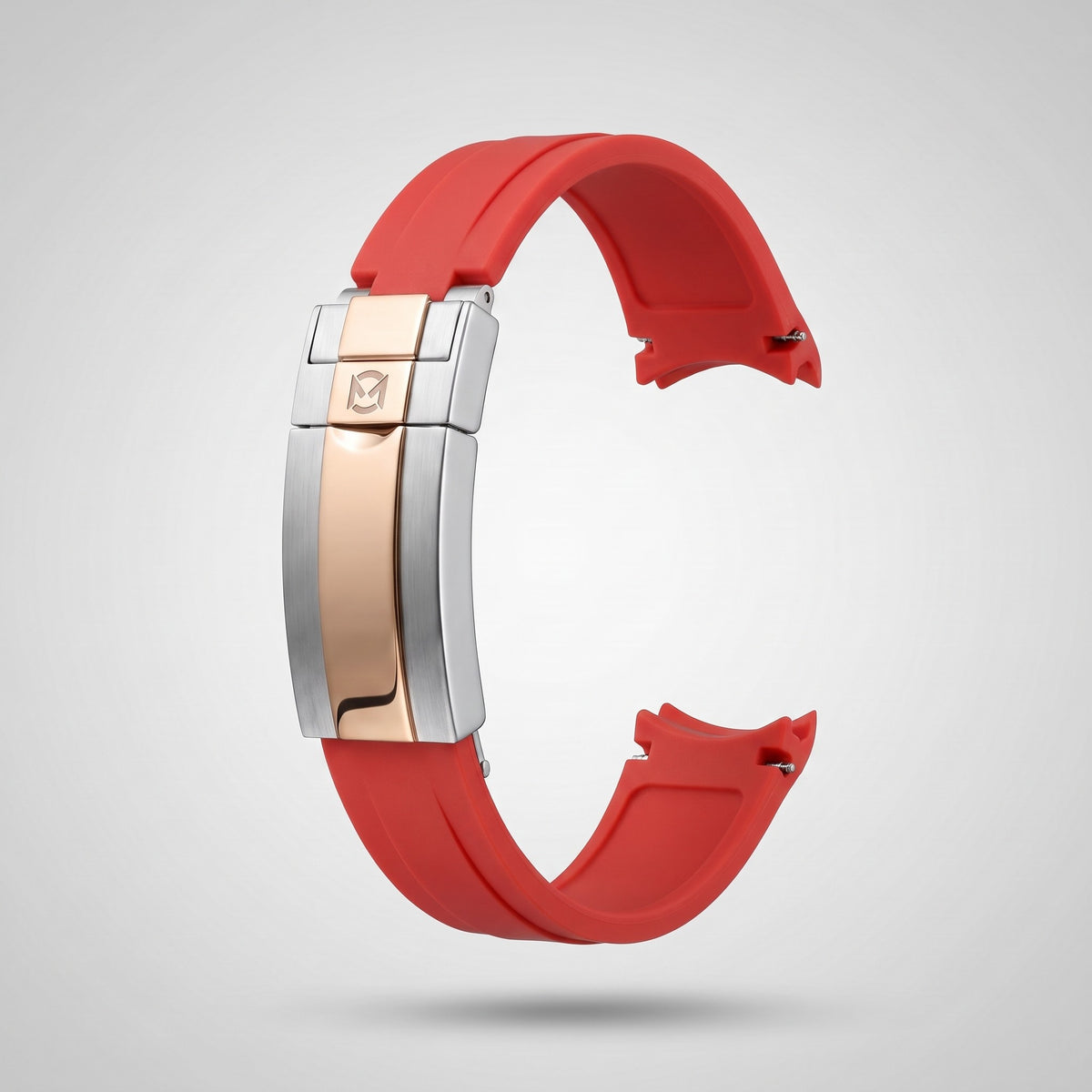 Crimson Red quick release silicone strap 20 mm, rose gold and silver clasp engraved with the Chrono Mod logo