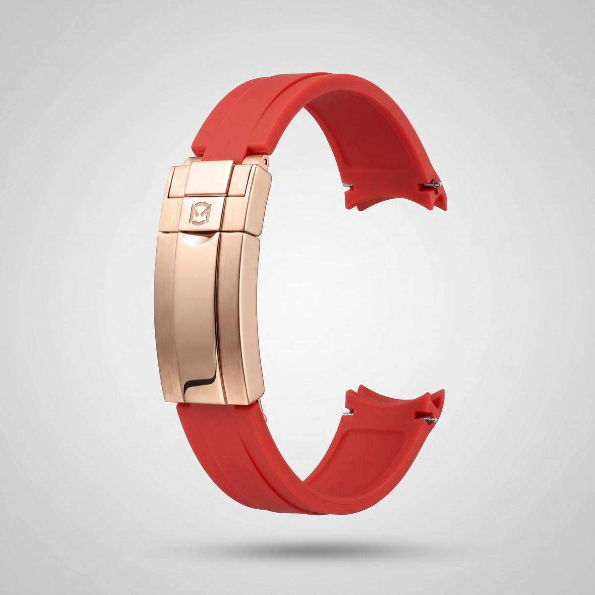 Crimson Red quick release silicone strap 20 mm, rose gold clasp engraved with the Chrono Mod logo