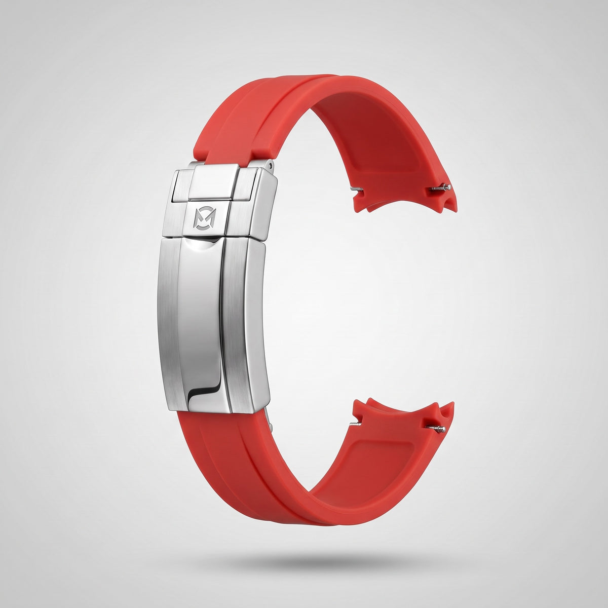 Crimson Red quick release silicone strap 20 mm, brushed stainless steel clasp engraved with the Chrono Mod logo