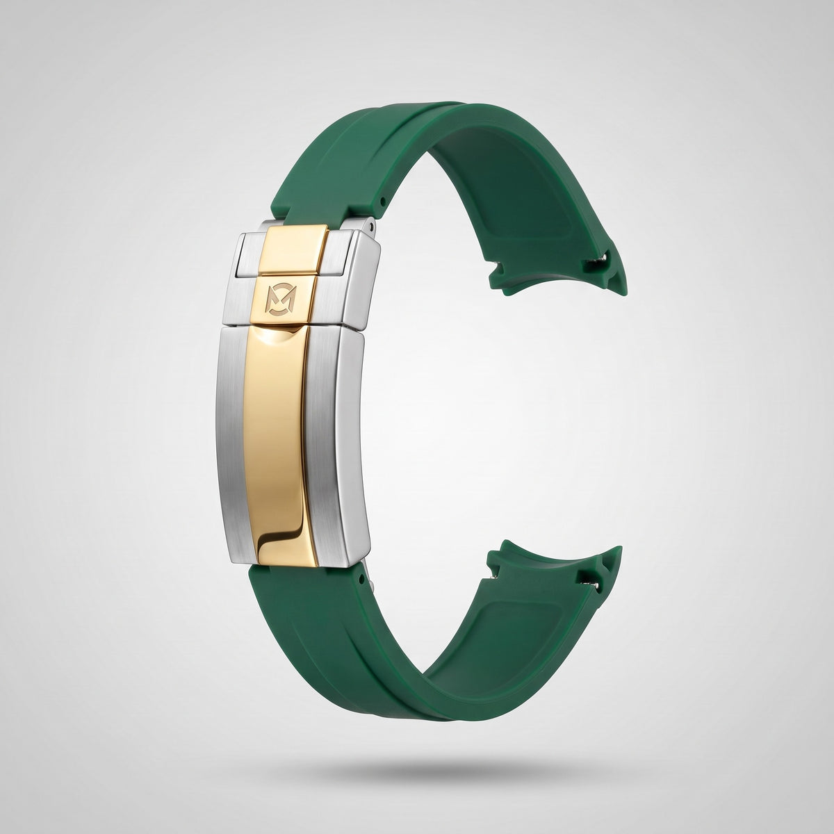 Emerald Green quick release silicone strap 20 mm, gold and silver clasp engraved with the Chrono Mod logo