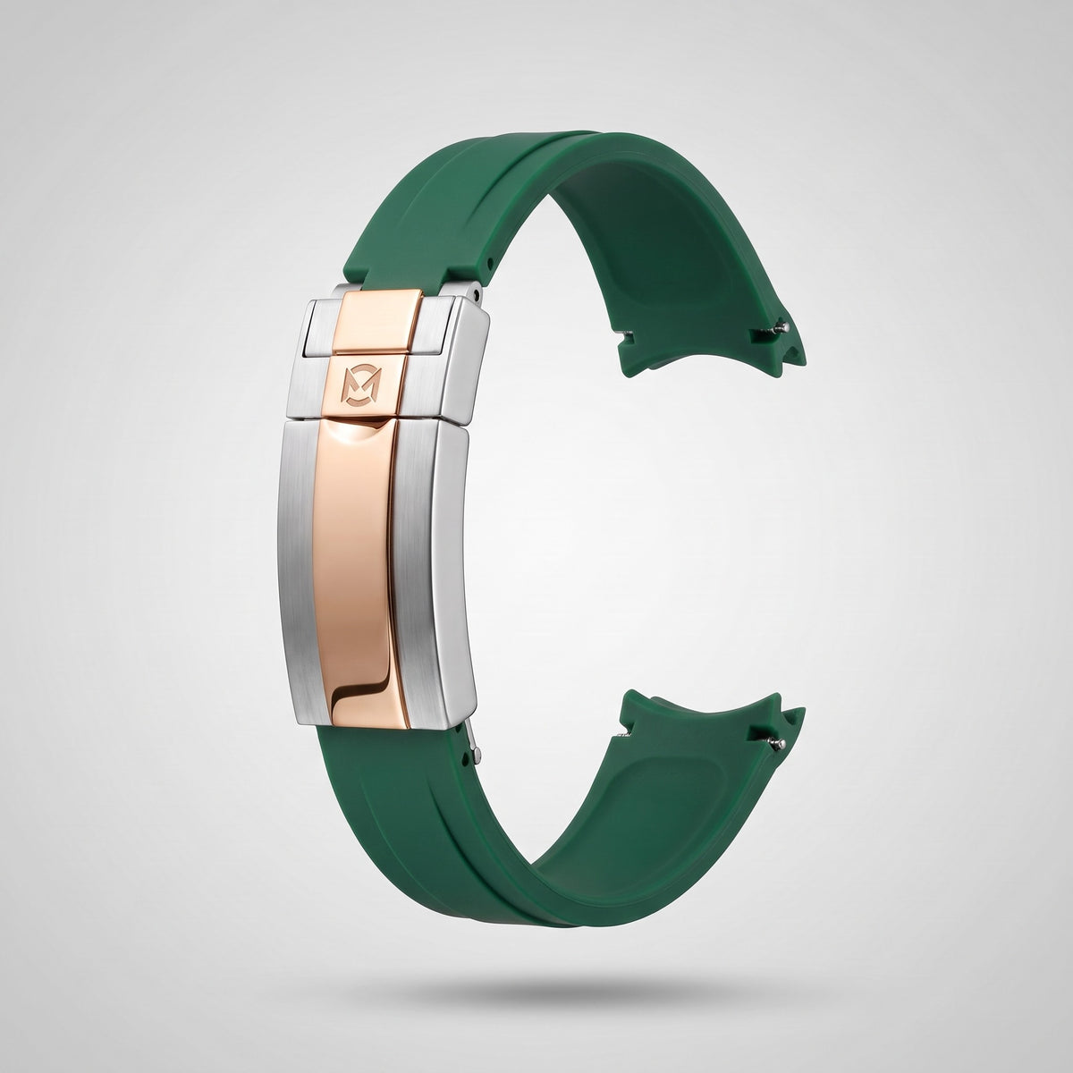 Emerald Green quick release silicone strap 20 mm, rose gold and silver clasp engraved with the Chrono Mod logo