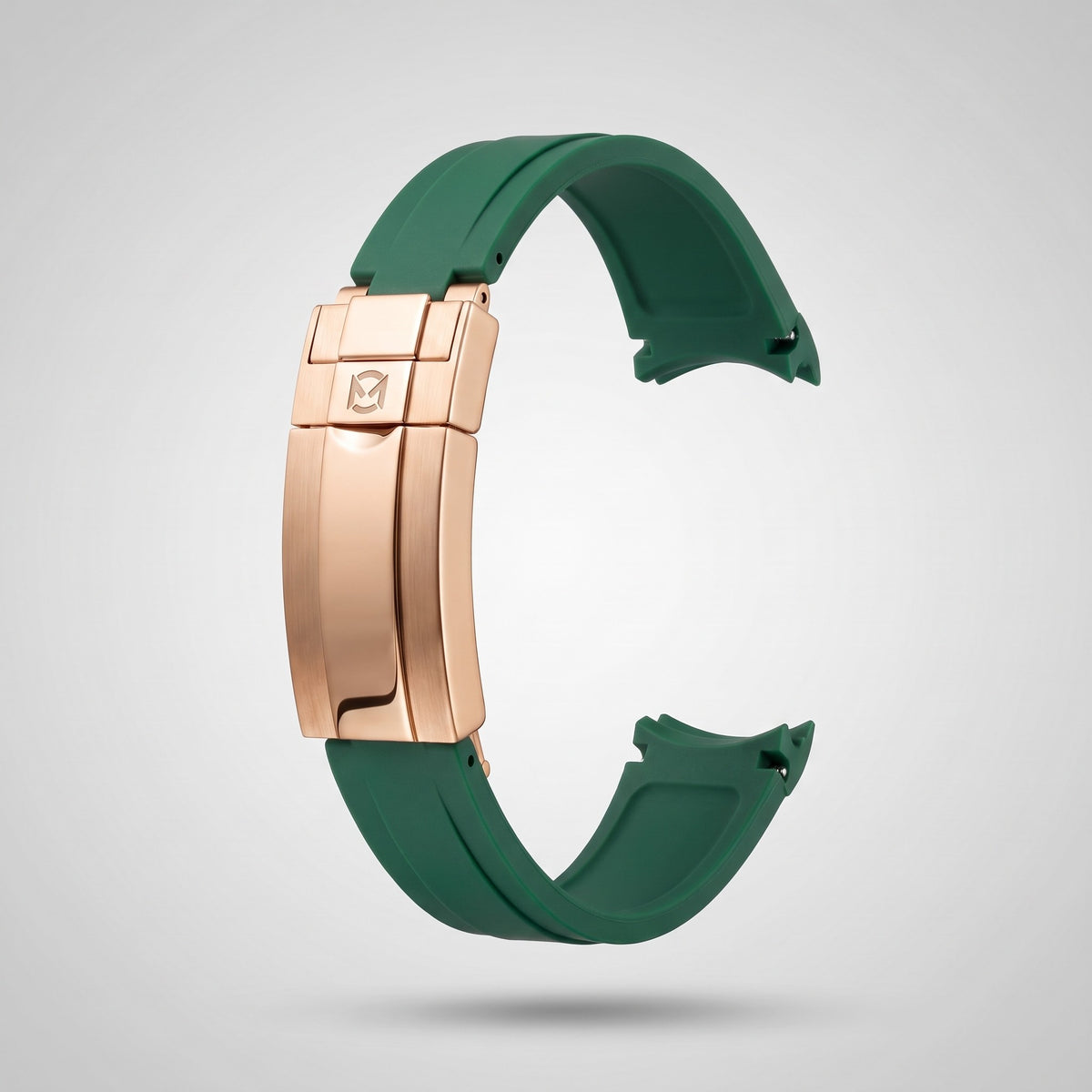 Emerald Green quick release silicone strap 20 mm, rose gold clasp engraved with the Chrono Mod logo