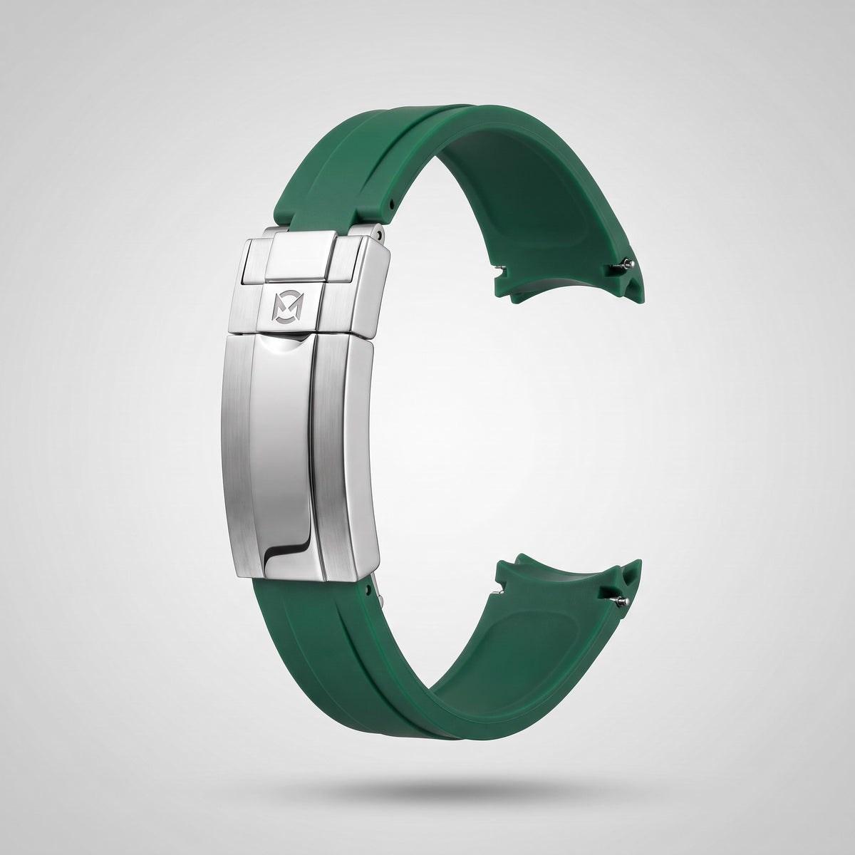 Emerald Green quick release silicone strap 20 mm, brushed stainless steel clasp engraved with the Chrono Mod logo