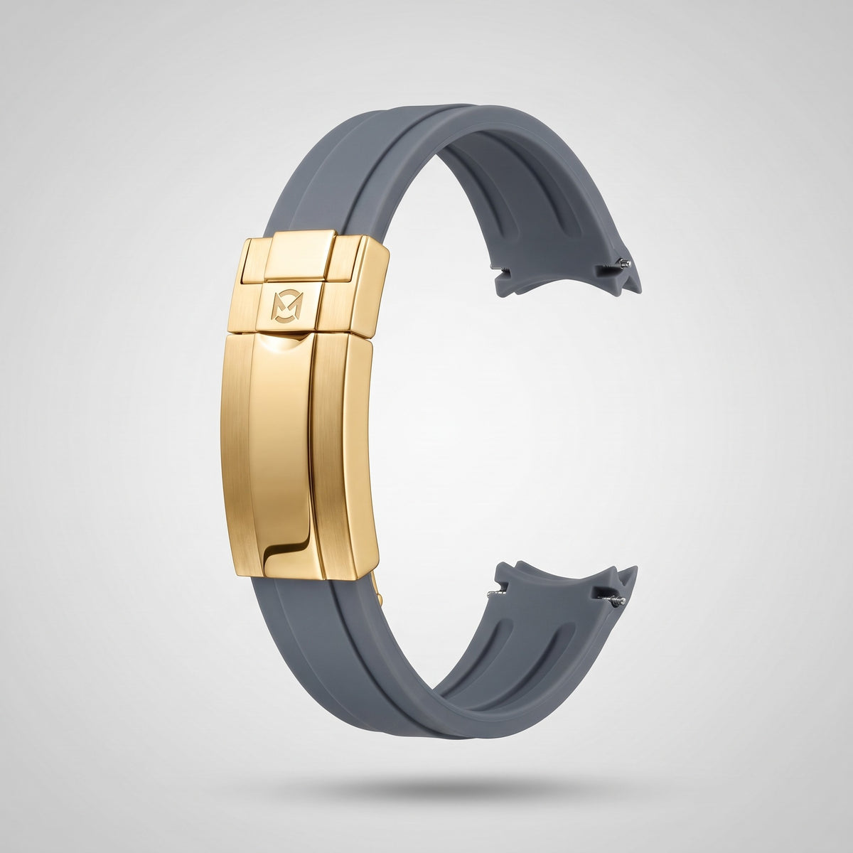 Slate Grey quick release silicone strap 20 mm, yellow gold clasp engraved with the Chrono Mod logo