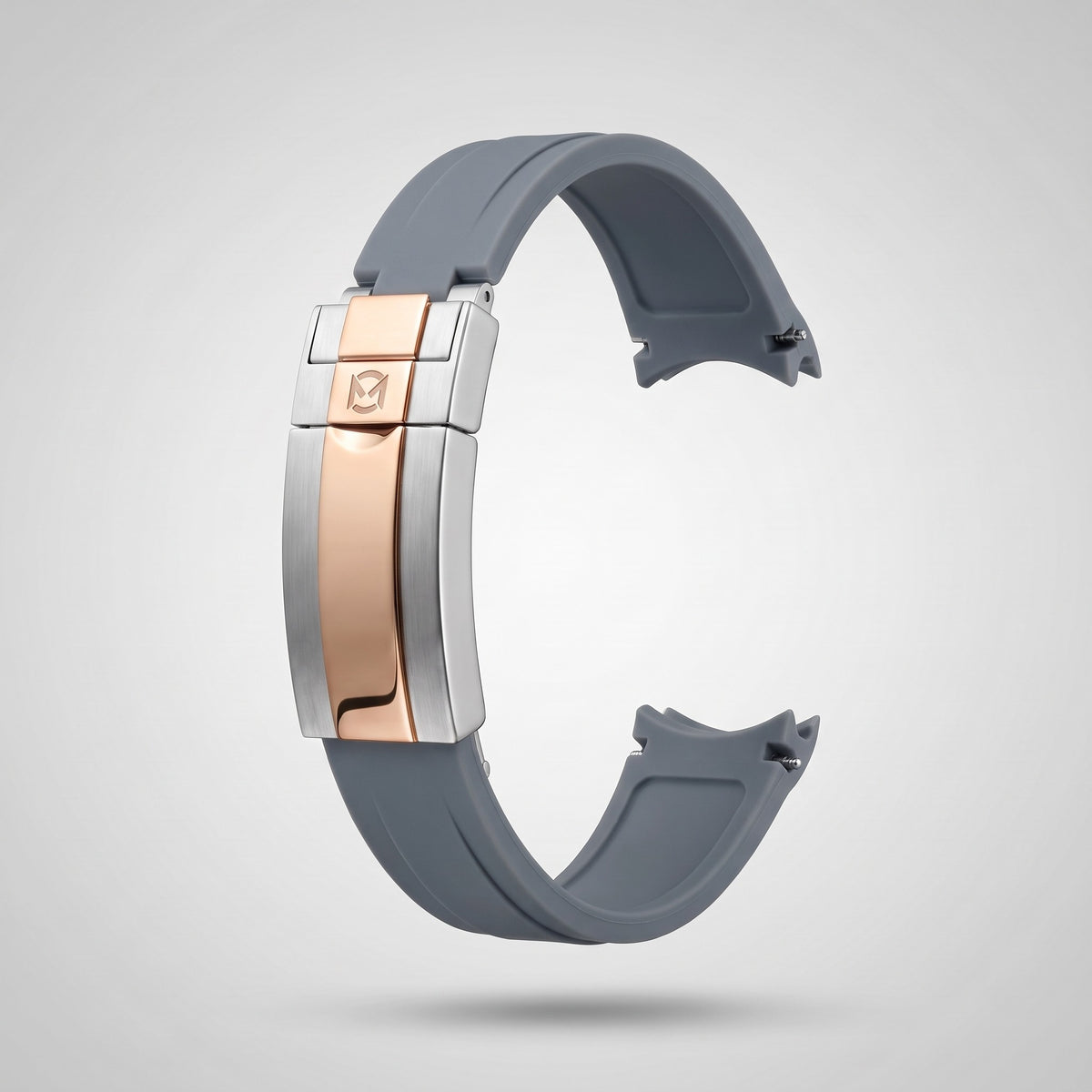 Slate Grey quick release silicone strap 20 mm, rose gold and silver clasp engraved with the Chrono Mod logo