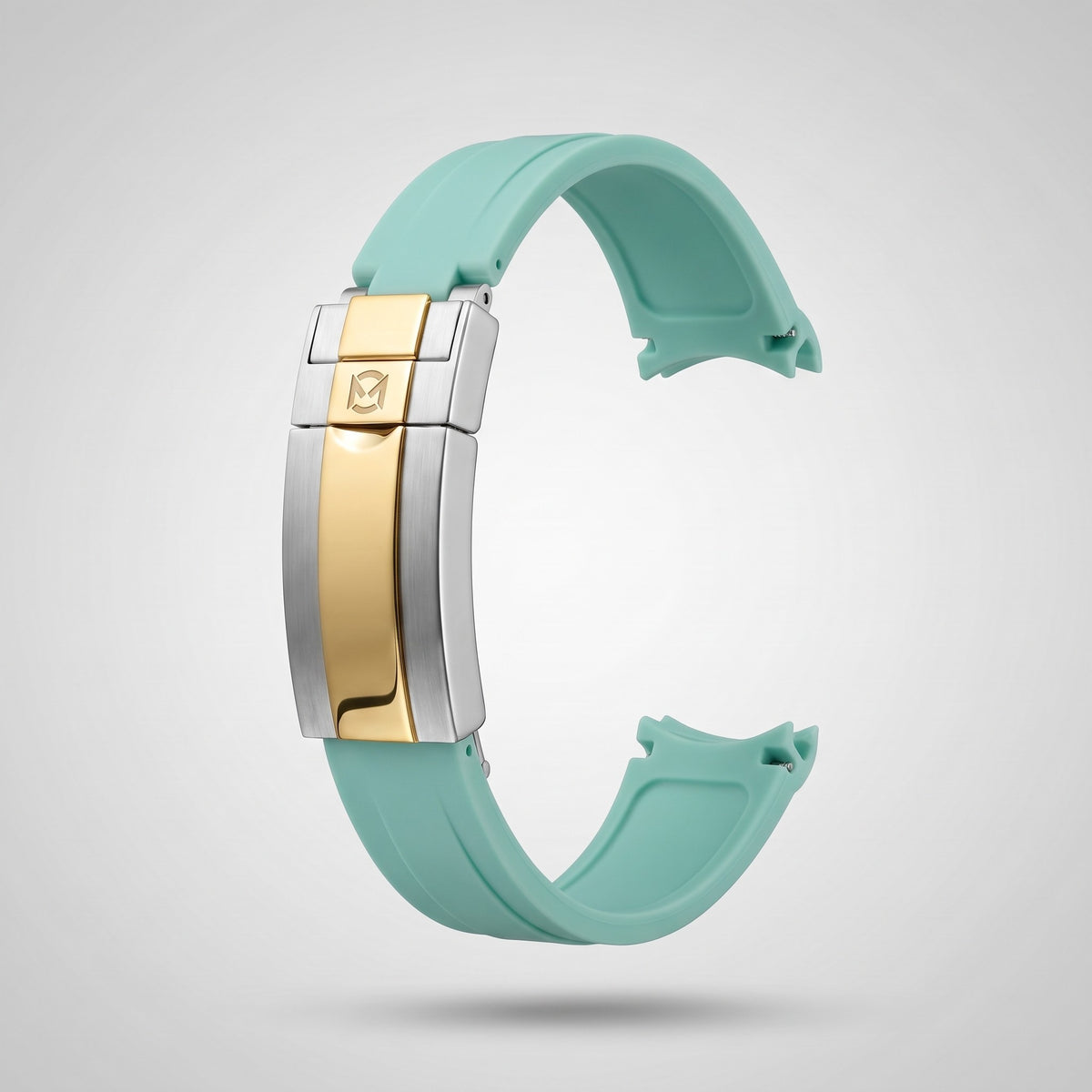 Mint Green quick release silicone strap 20 mm, gold and silver clasp engraved with the Chrono Mod logo