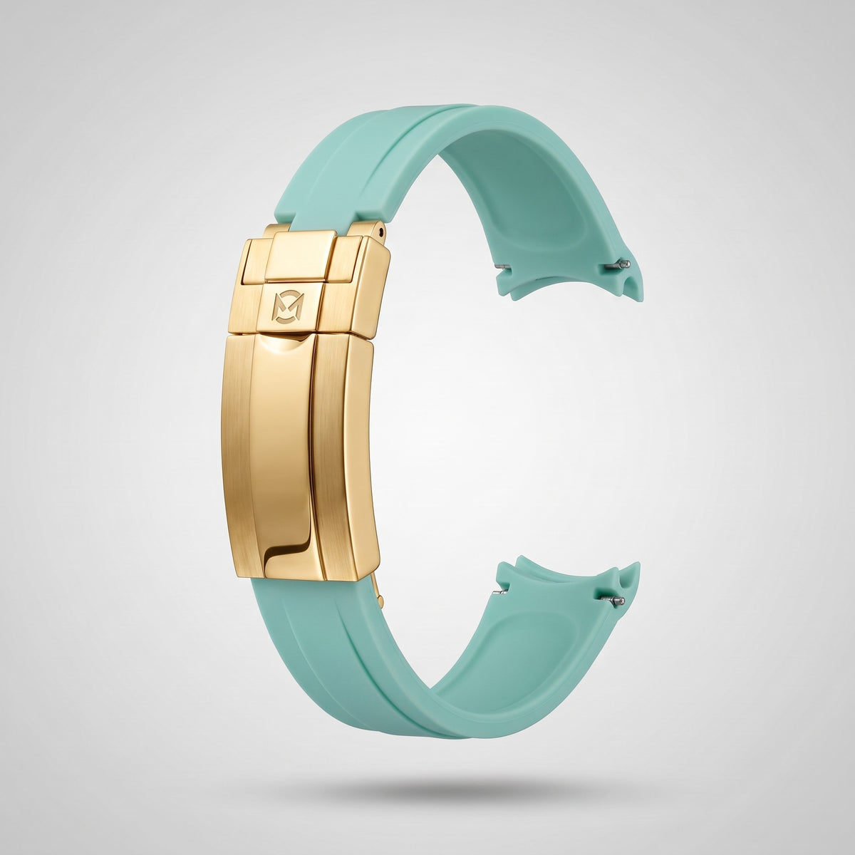 Mint Green quick release silicone strap 20 mm, yellow gold clasp engraved with the Chrono Mod logo