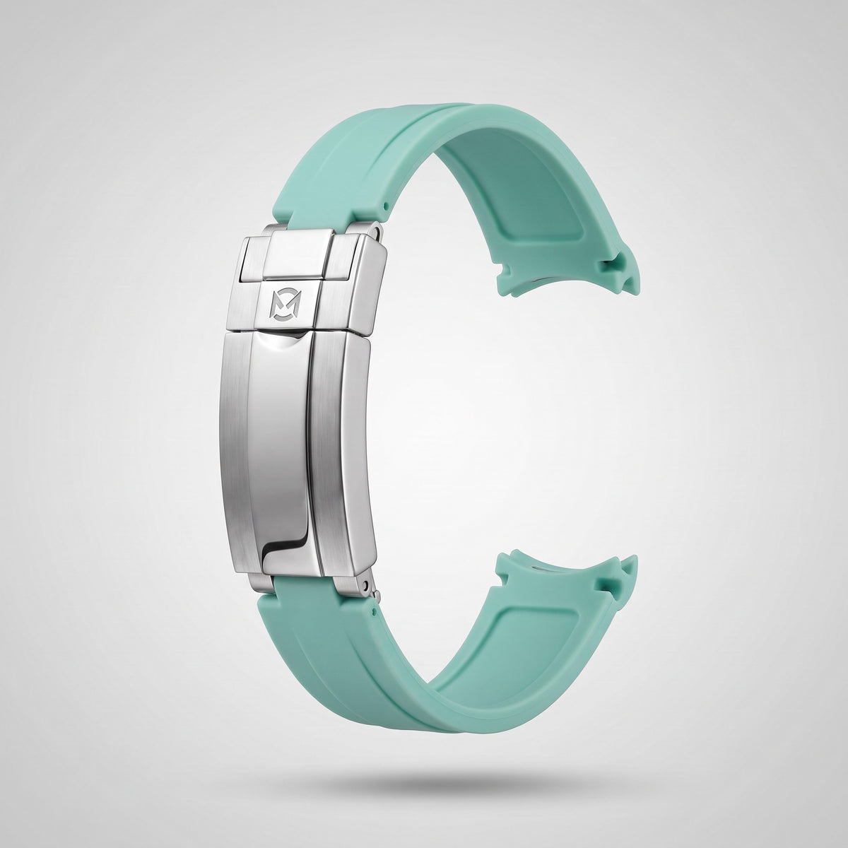 Mint Green quick release silicone strap 20 mm, brushed stainless steel clasp engraved with the Chrono Mod logo