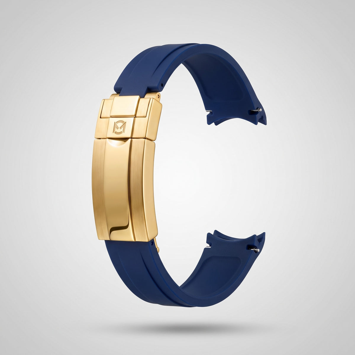 Navy Blue quick release silicone strap 20 mm, yellow gold clasp engraved with the Chrono Mod logo