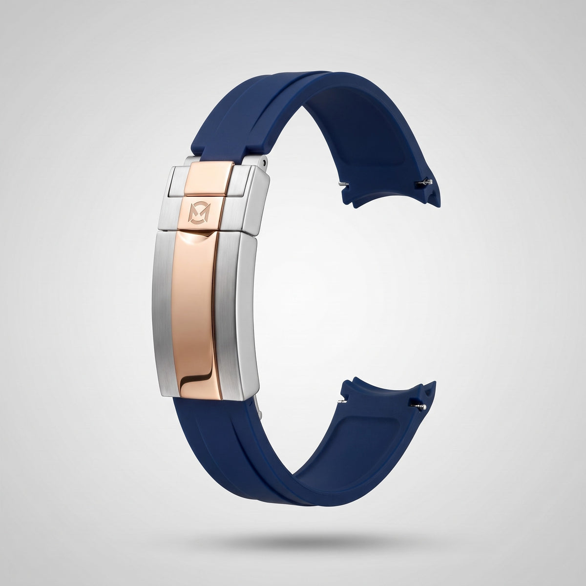 Navy Blue quick release silicone strap 20 mm, rose gold and silver clasp engraved with the Chrono Mod logo