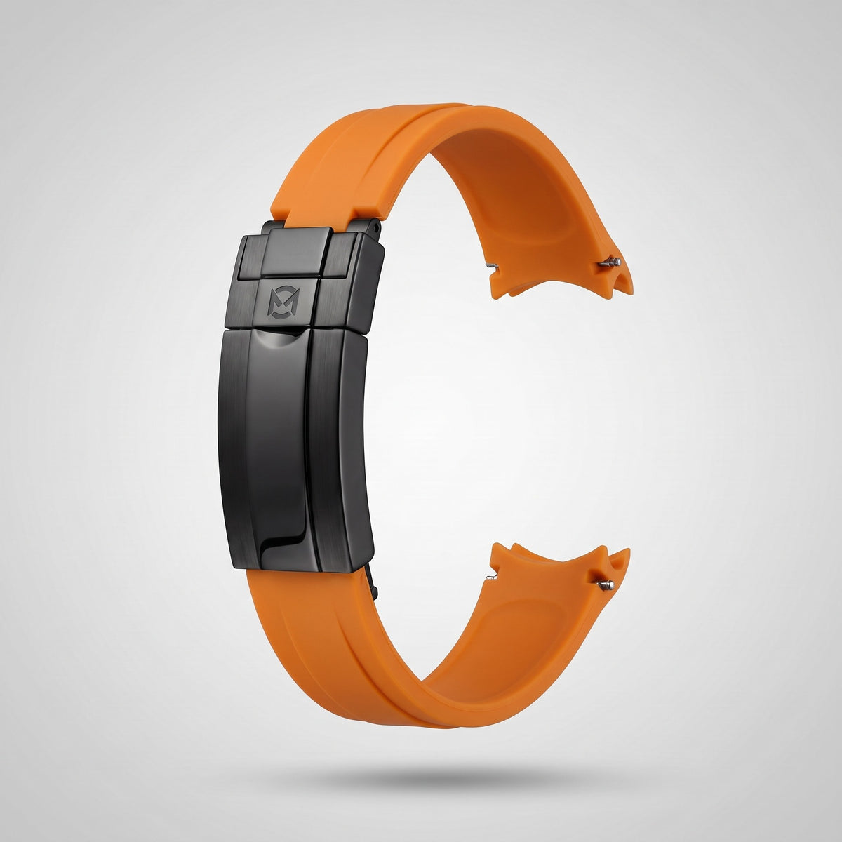Sunset Orange quick release silicone strap 20 mm, black PVD clasp engraved with the Chrono Mod logo