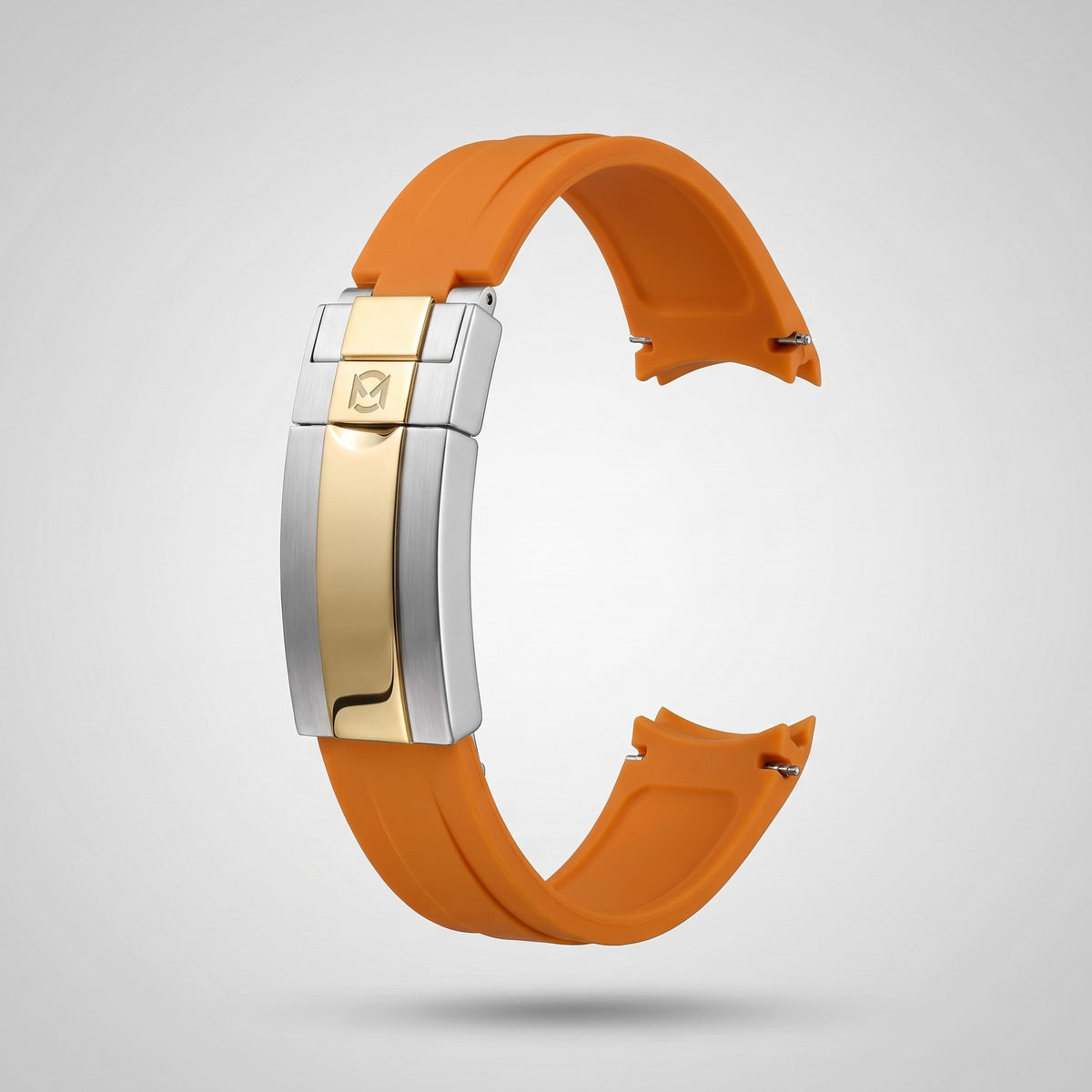 Sunset Orange quick release silicone strap 20 mm, gold and silver clasp engraved with the Chrono Mod logo