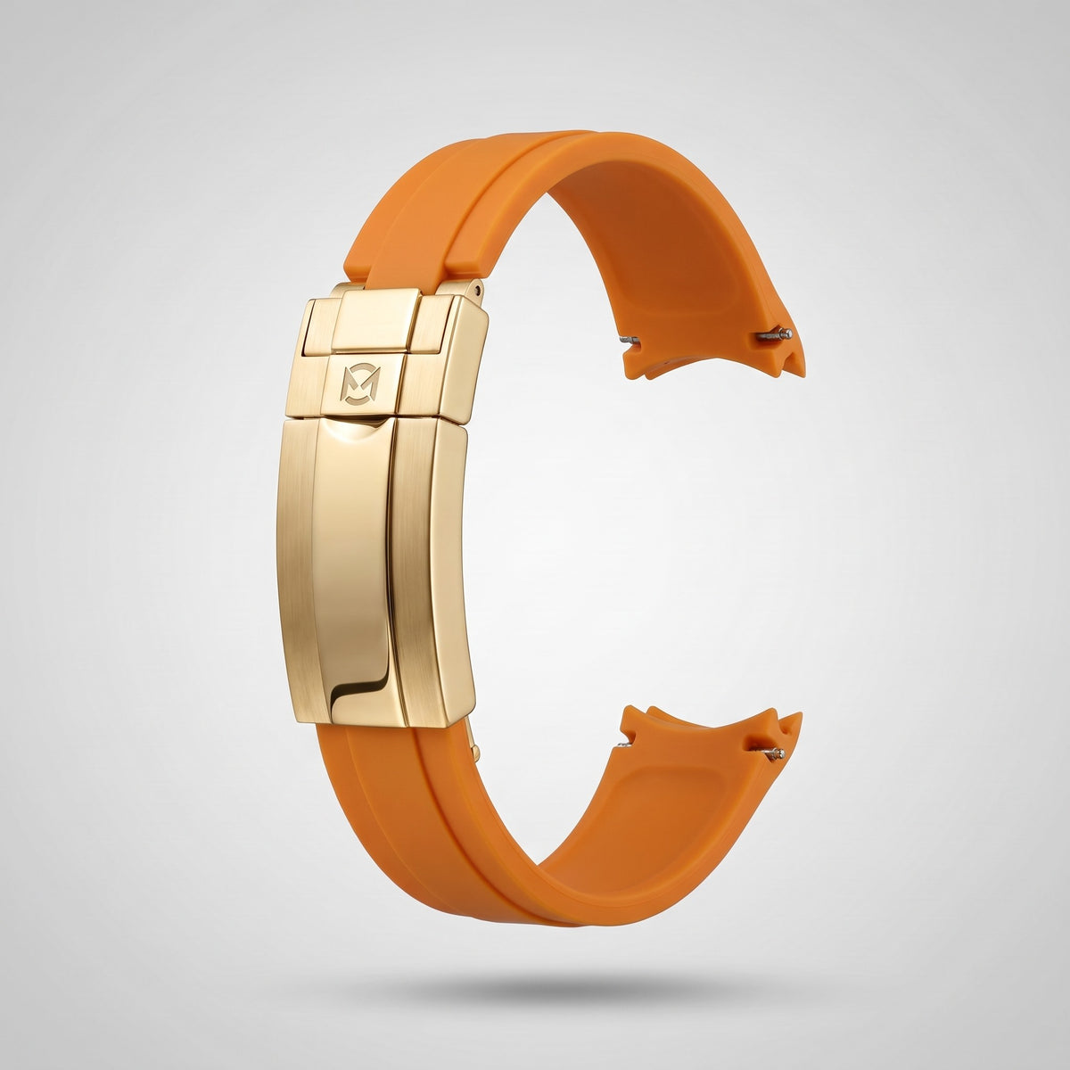 Sunset Orange quick release silicone strap 20 mm, yellow gold clasp engraved with the Chrono Mod logo