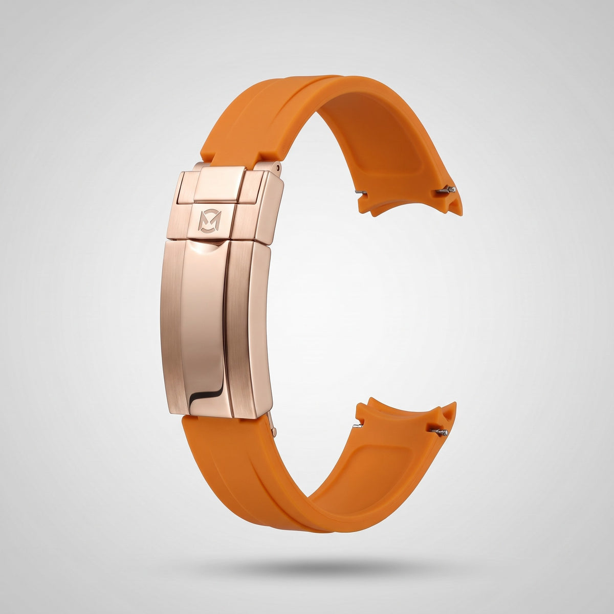 Sunset Orange quick release silicone strap 20 mm, rose gold clasp engraved with the Chrono Mod logo