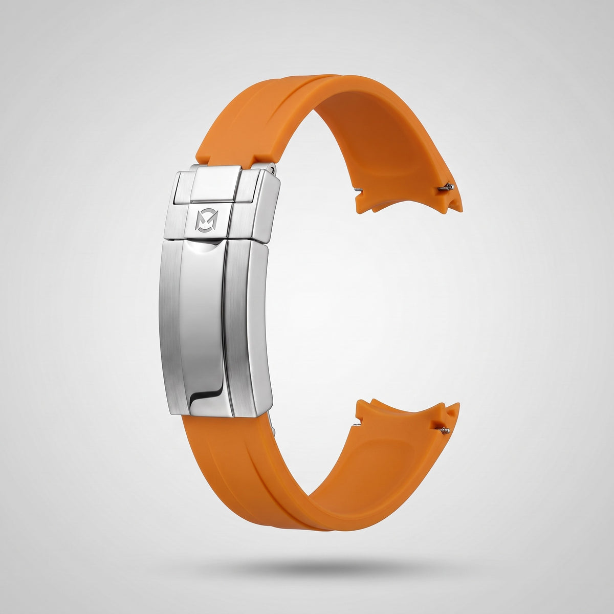 Sunset Orange quick release silicone strap 20 mm, brushed stainless steel clasp engraved with the Chrono Mod logo