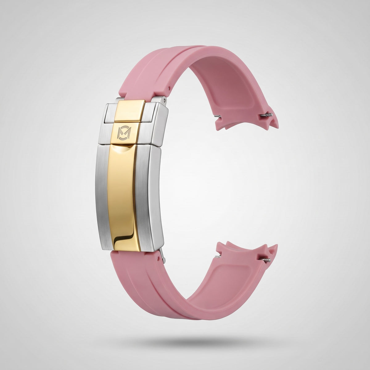 Powder Pink quick release silicone strap 20 mm, gold and silver clasp engraved with the Chrono Mod logo