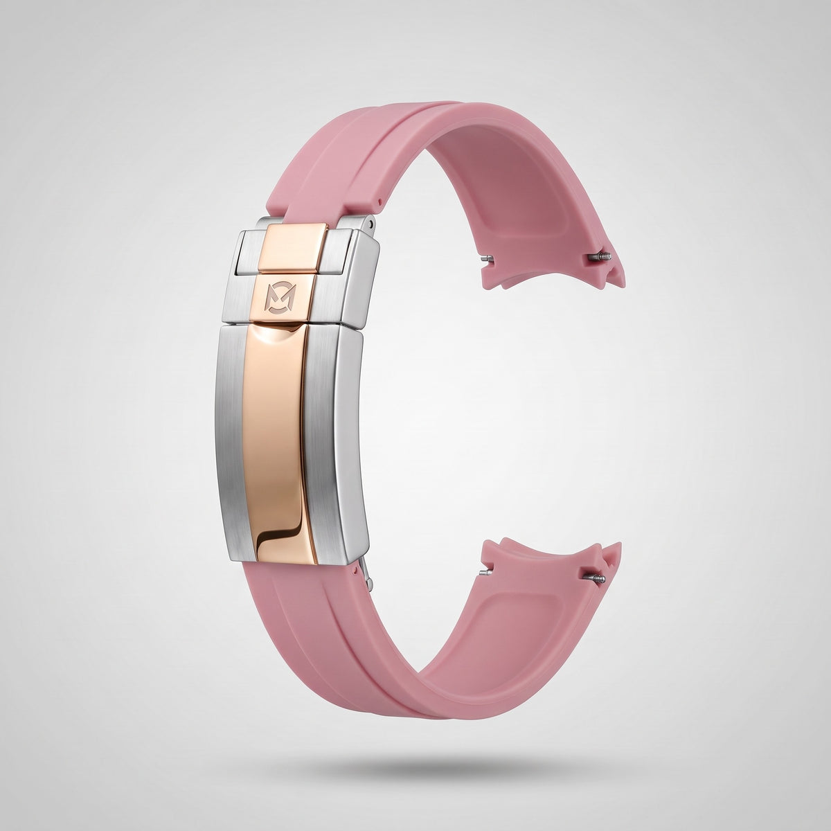 Powder Pink quick release silicone strap 20 mm, rose gold and silver clasp engraved with the Chrono Mod logo