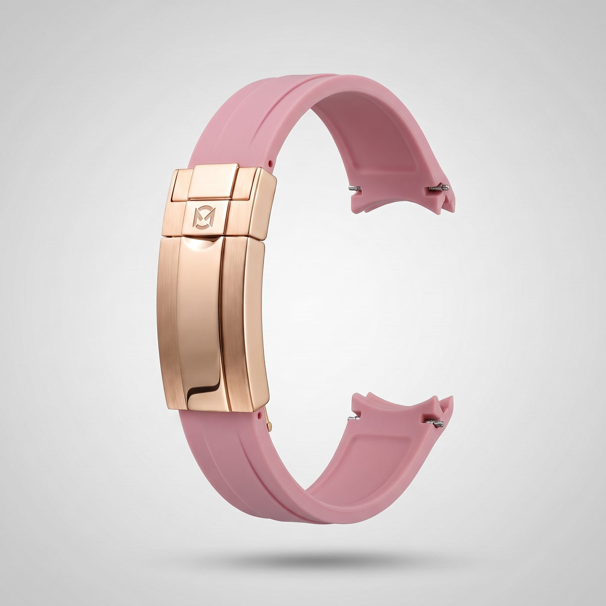 Powder Pink quick release silicone strap 20 mm, rose gold clasp engraved with the Chrono Mod logo