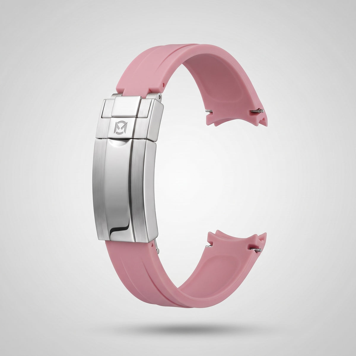 Powder Pink quick release silicone strap 20 mm, brushed stainless steel clasp engraved with the Chrono Mod logo