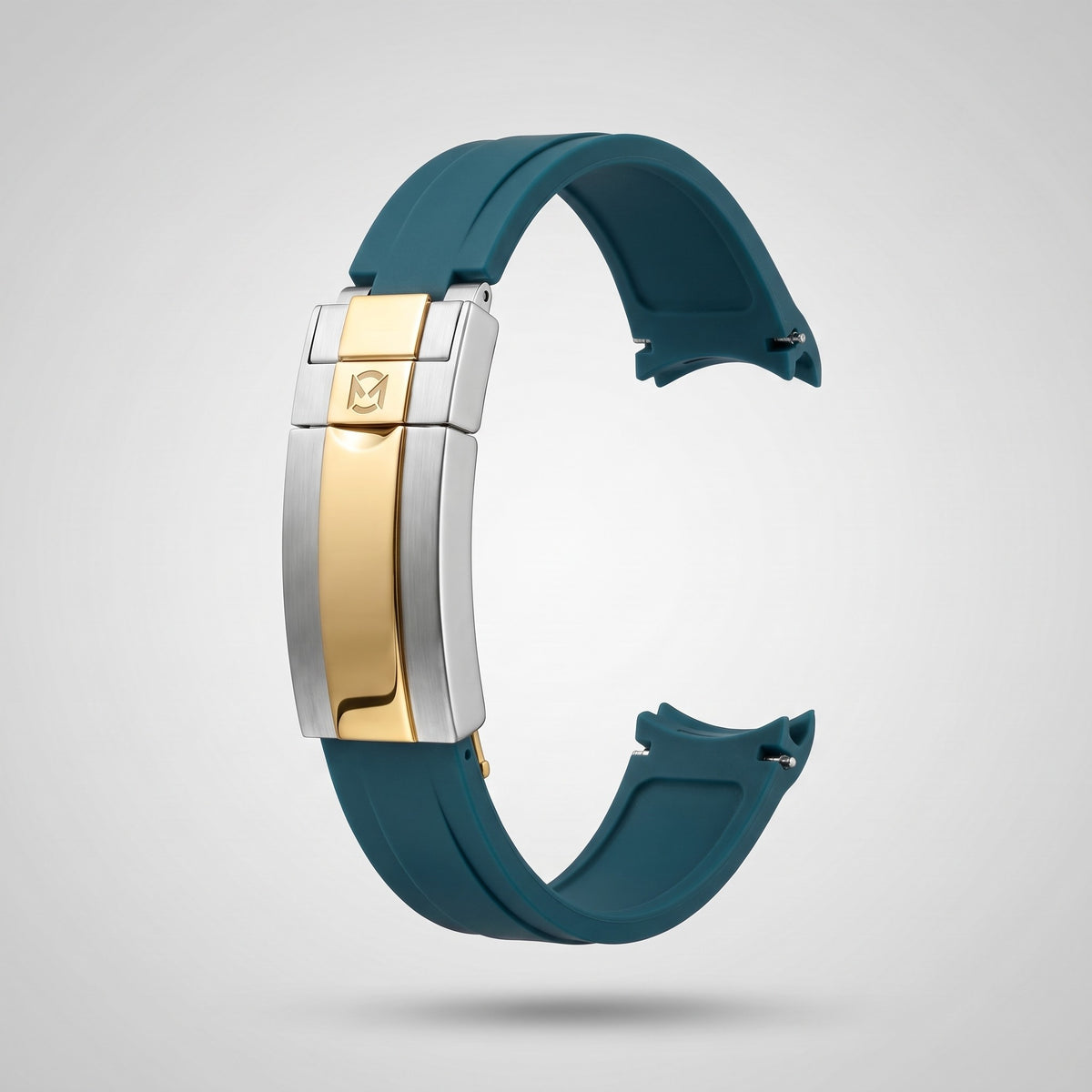 Petrol Teal quick release silicone strap 20 mm, gold and silver clasp engraved with the Chrono Mod logo