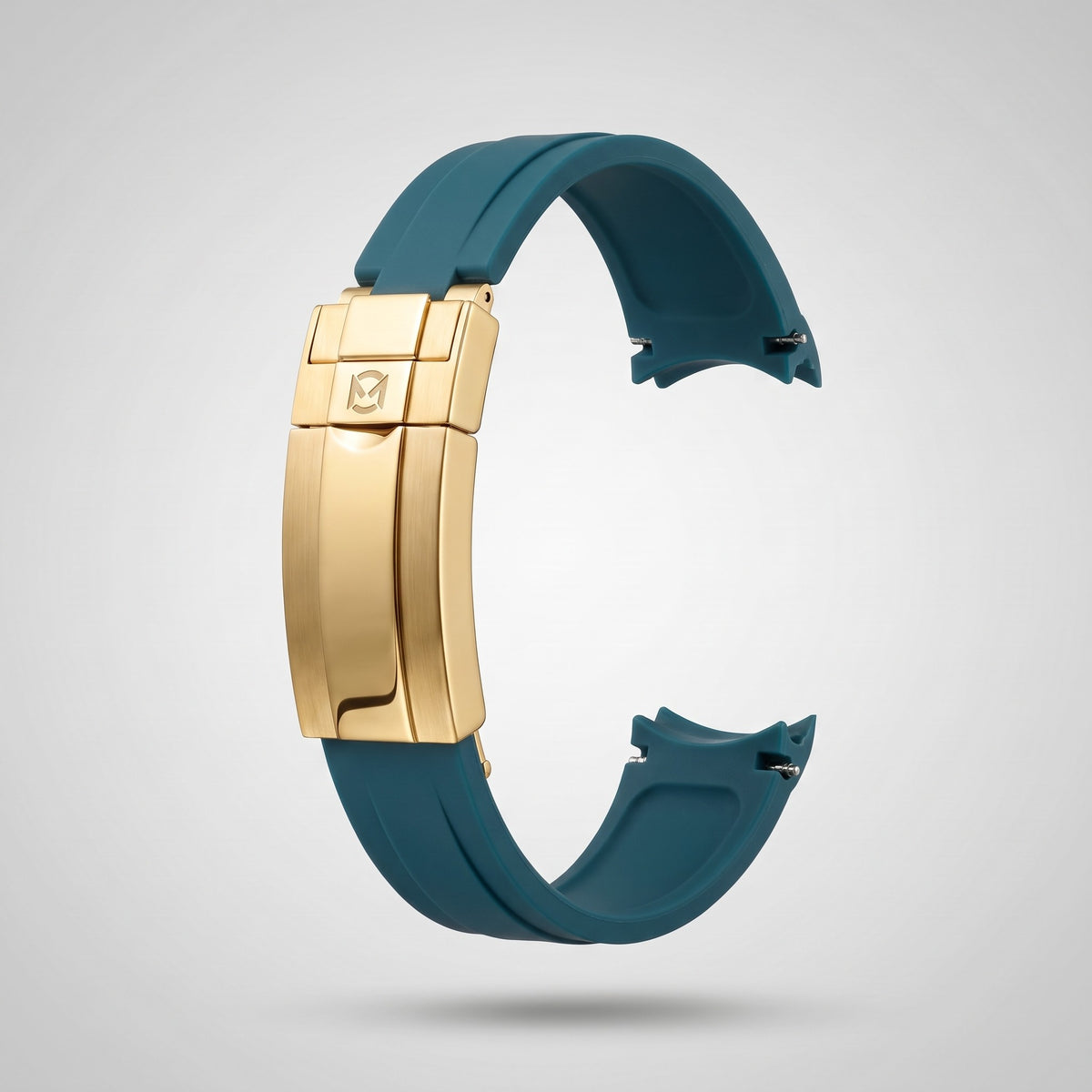 Petrol Teal quick release silicone strap 20 mm, yellow gold clasp engraved with the Chrono Mod logo