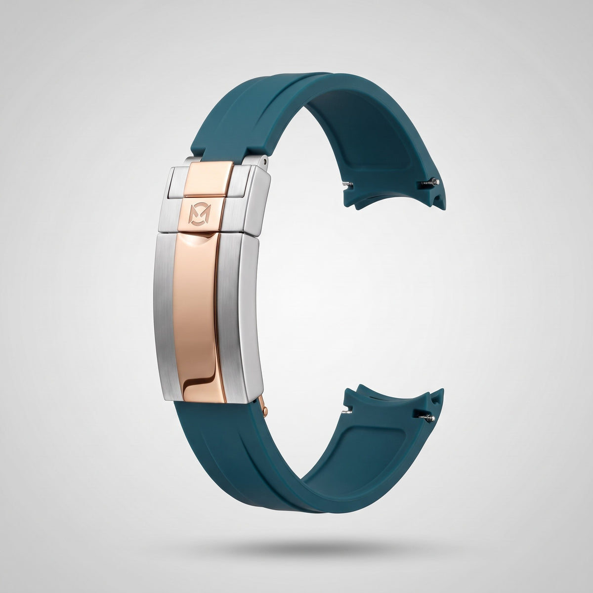 Petrol Teal quick release silicone strap 20 mm, rose gold and silver clasp engraved with the Chrono Mod logo
