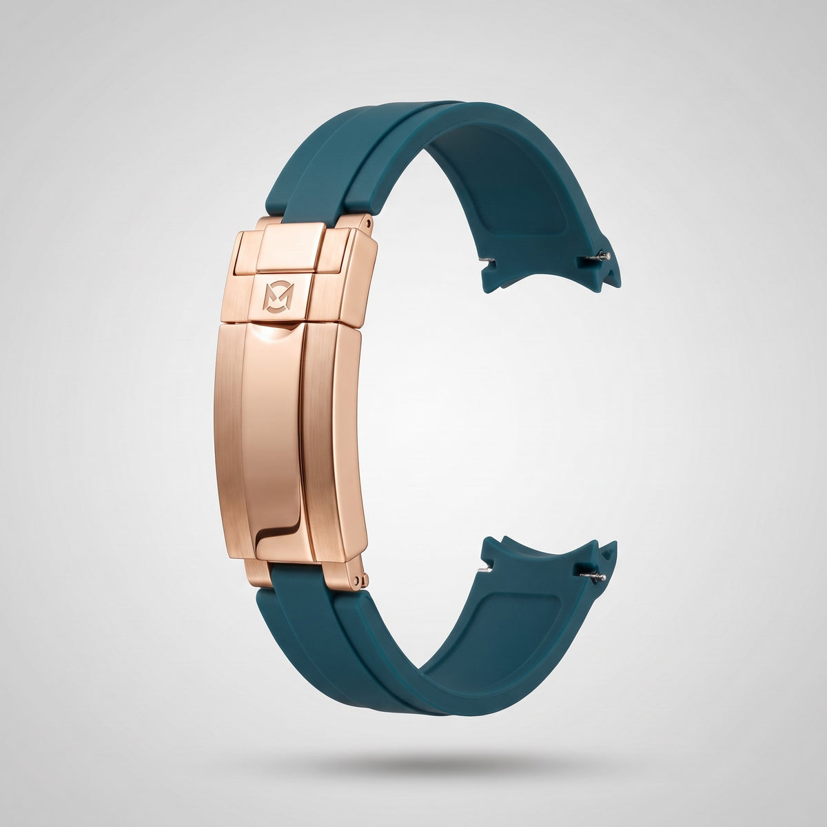 Petrol Teal quick release silicone strap 20 mm, rose gold clasp engraved with the Chrono Mod logo