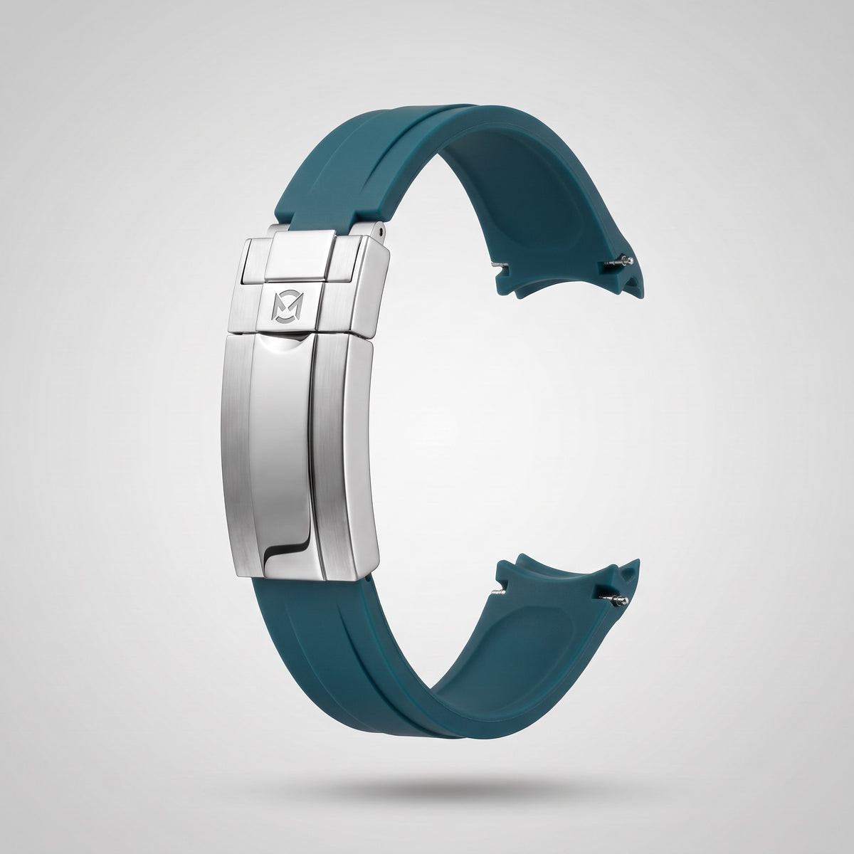 Petrol Teal quick release silicone strap 20 mm, brushed stainless steel clasp engraved with the Chrono Mod logo