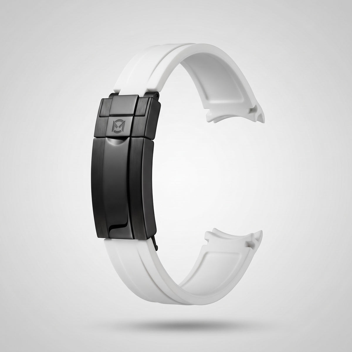 Arctic White quick release silicone strap 20 mm, black PVD clasp engraved with the Chrono Mod logo