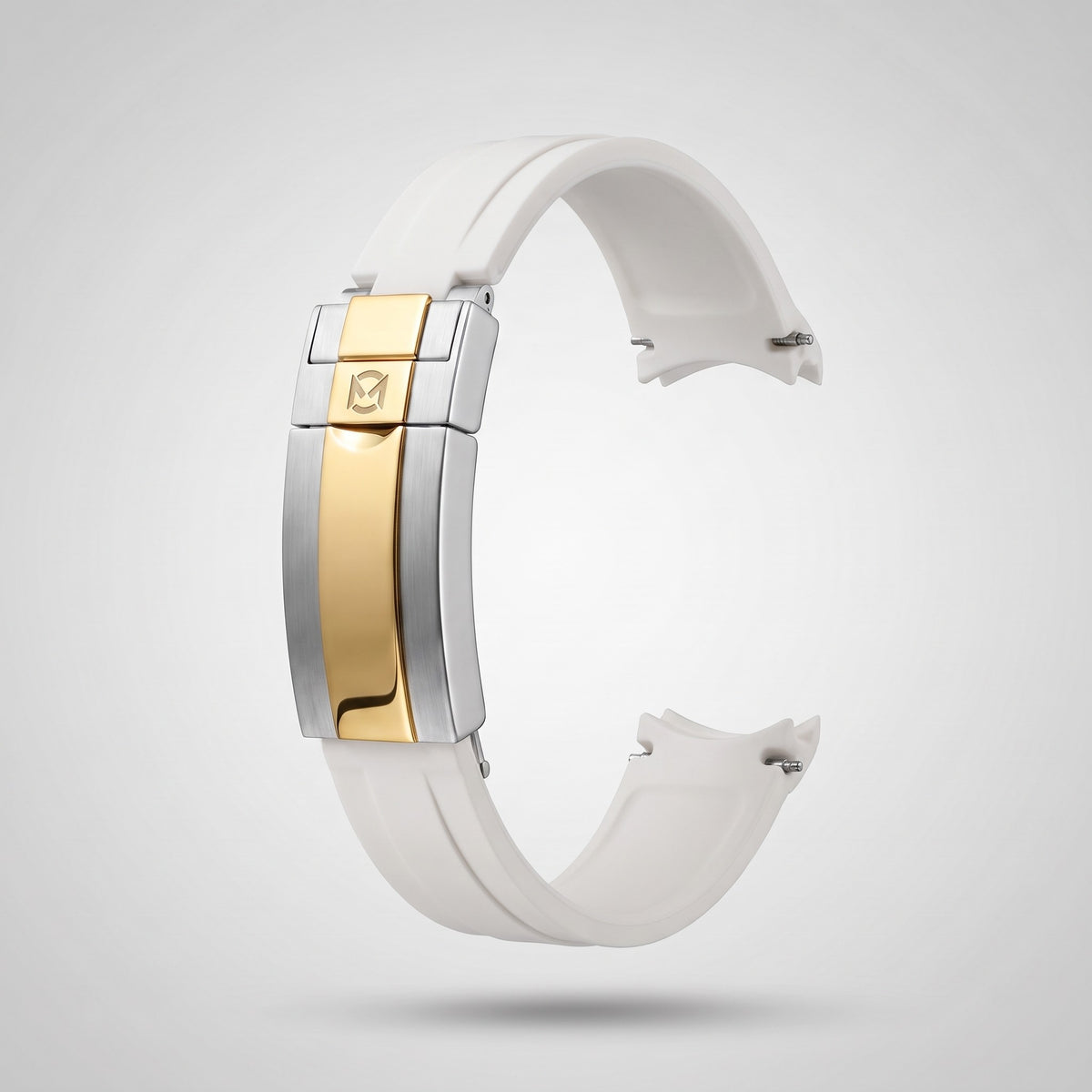 Arctic White quick release silicone strap 20 mm, gold and silver clasp engraved with the Chrono Mod logo