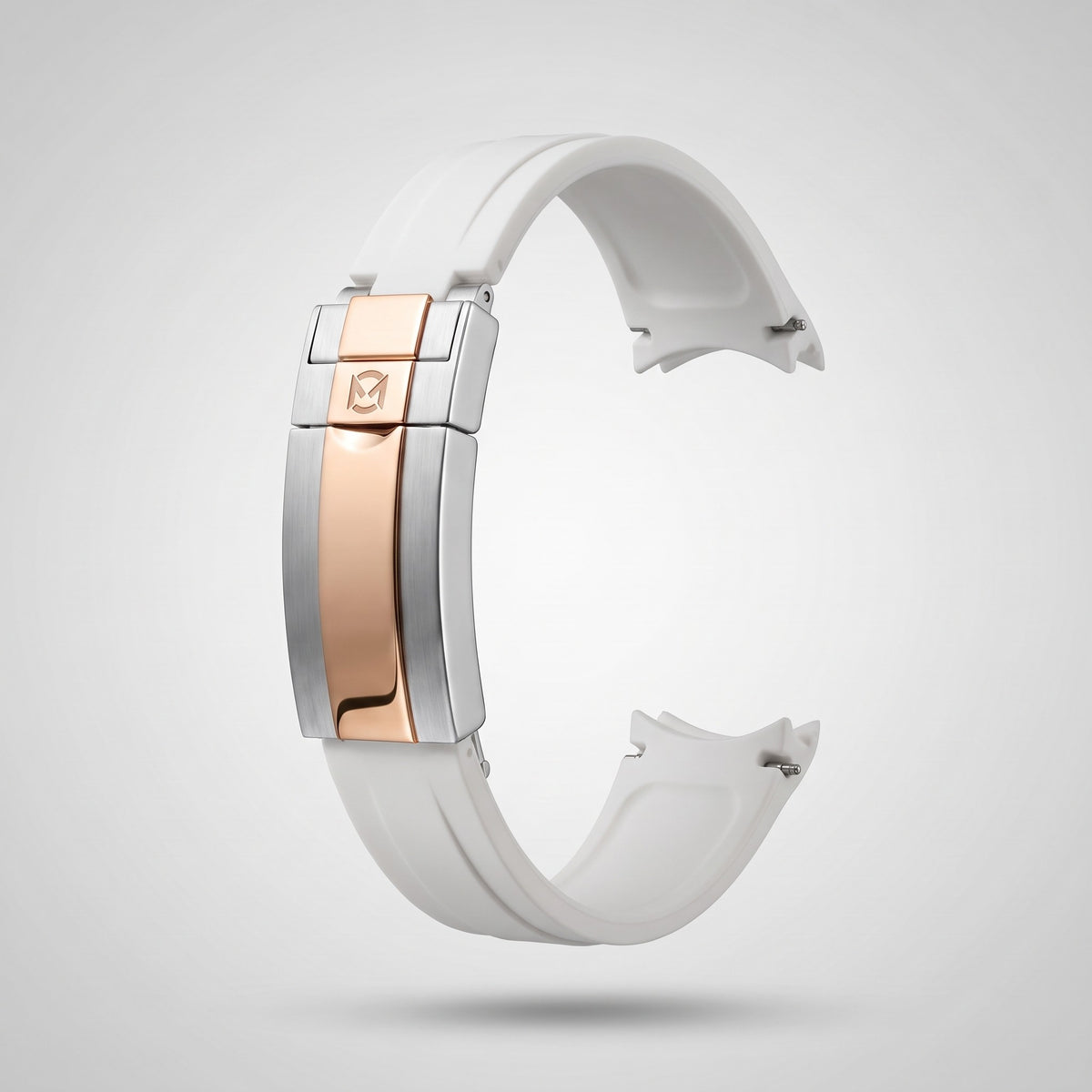 Arctic White quick release silicone strap 20 mm, rose gold and silver clasp engraved with the Chrono Mod logo