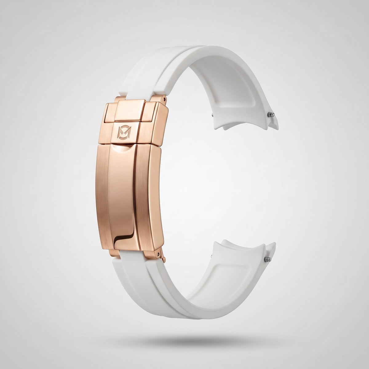 Arctic White quick release silicone strap 20 mm, rose gold clasp engraved with the Chrono Mod logo