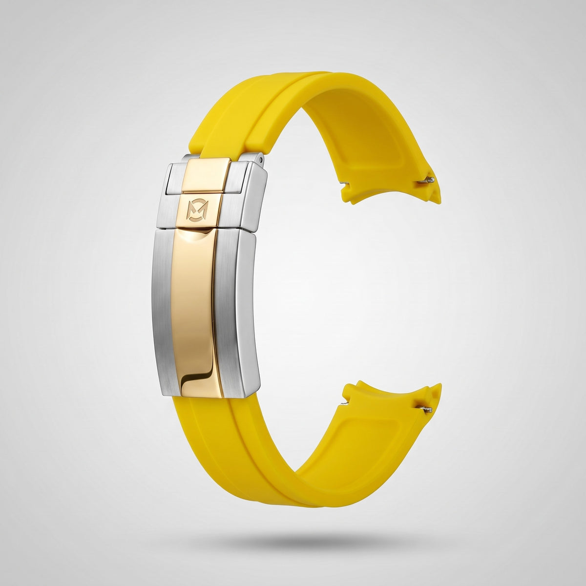 Signal Yellow quick release silicone strap 20 mm, gold and silver clasp engraved with the Chrono Mod logo