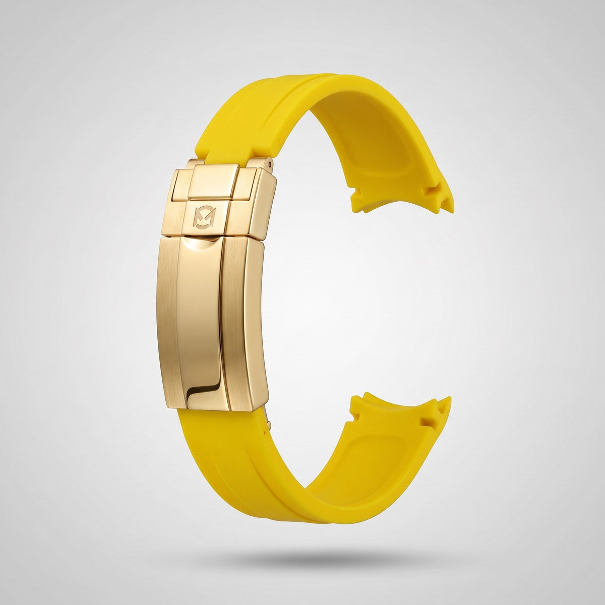 Signal Yellow quick release silicone strap 20 mm, yellow gold clasp engraved with the Chrono Mod logo