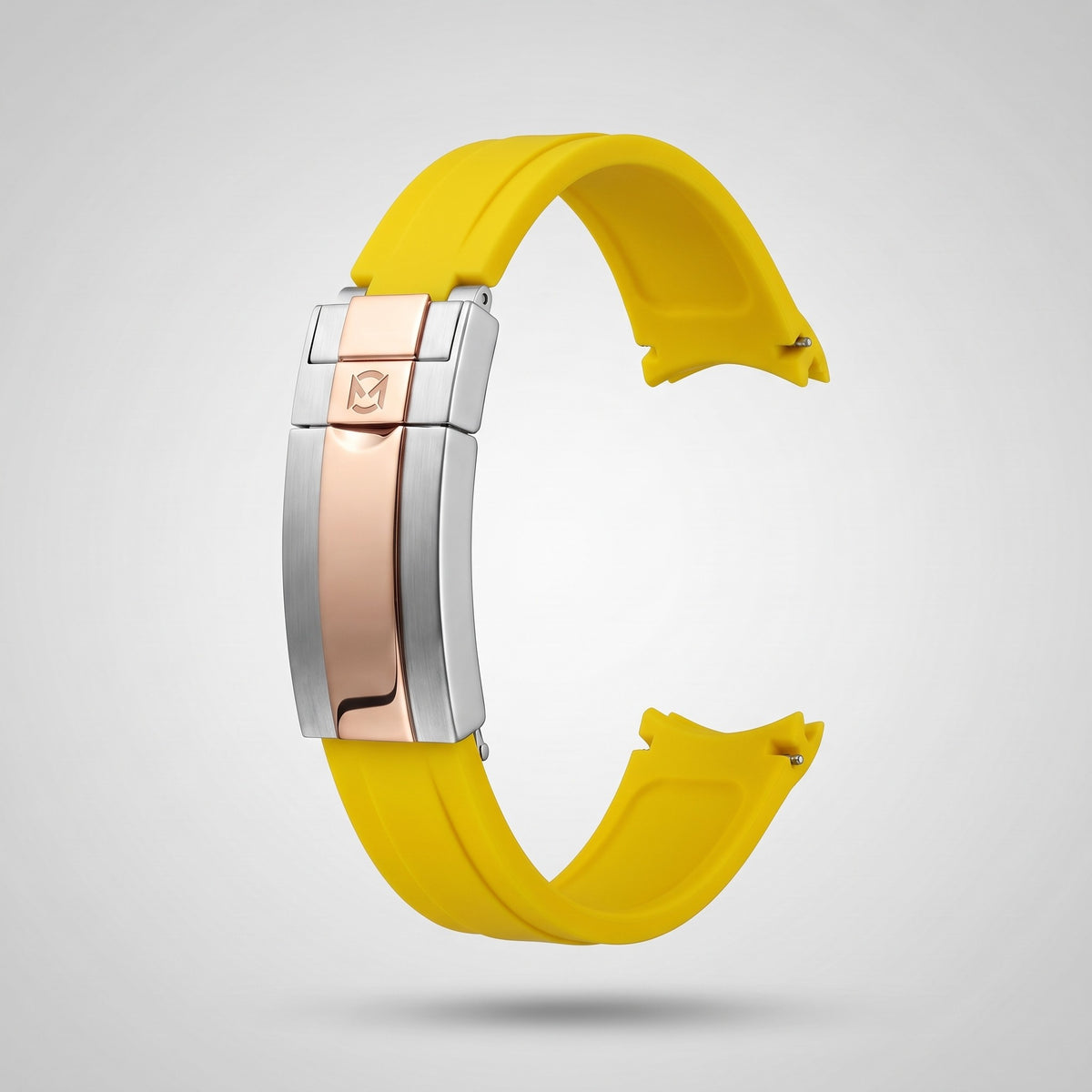 Signal Yellow quick release silicone strap 20 mm, rose gold and silver clasp engraved with the Chrono Mod logo