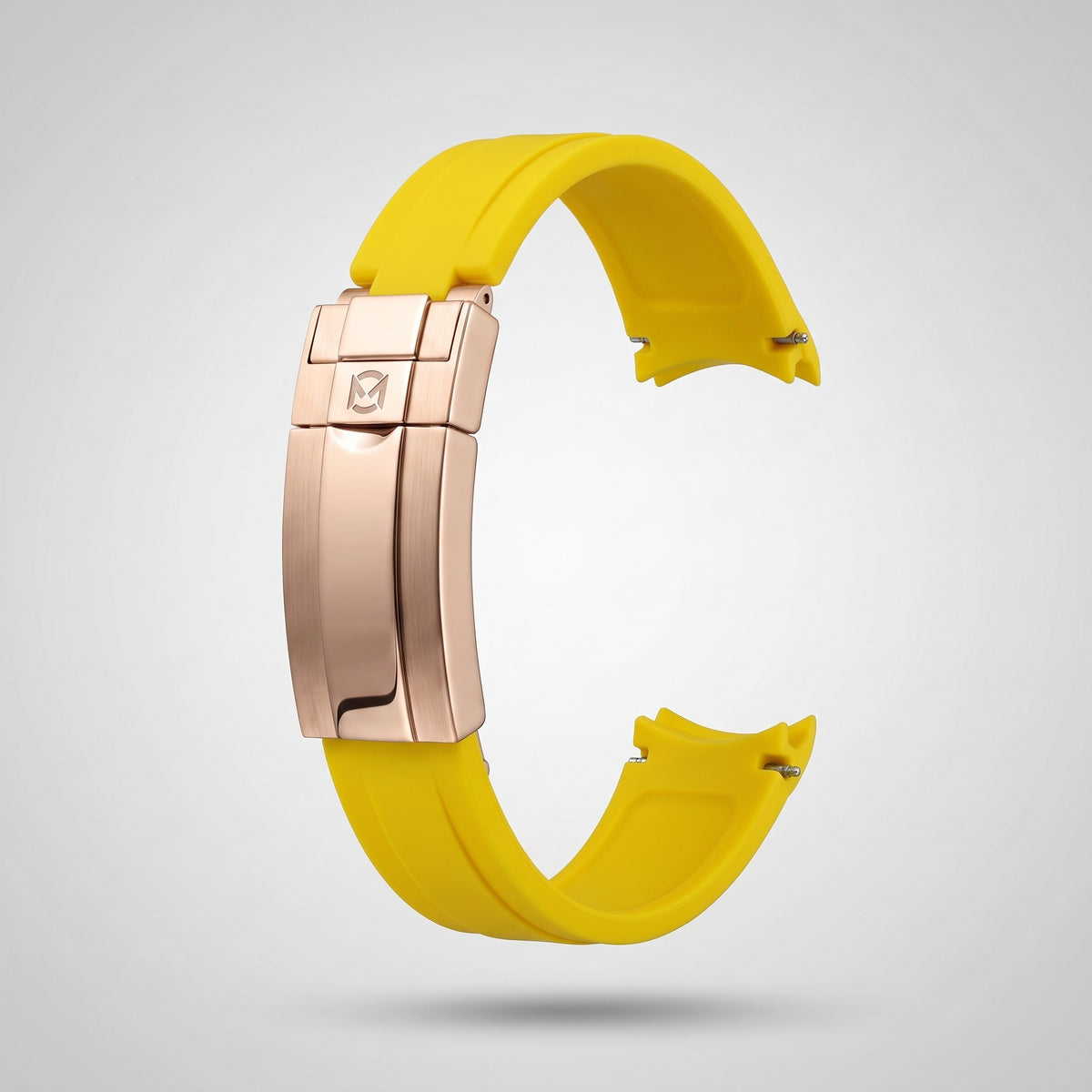 Signal Yellow quick release silicone strap 20 mm, rose gold clasp engraved with the Chrono Mod logo