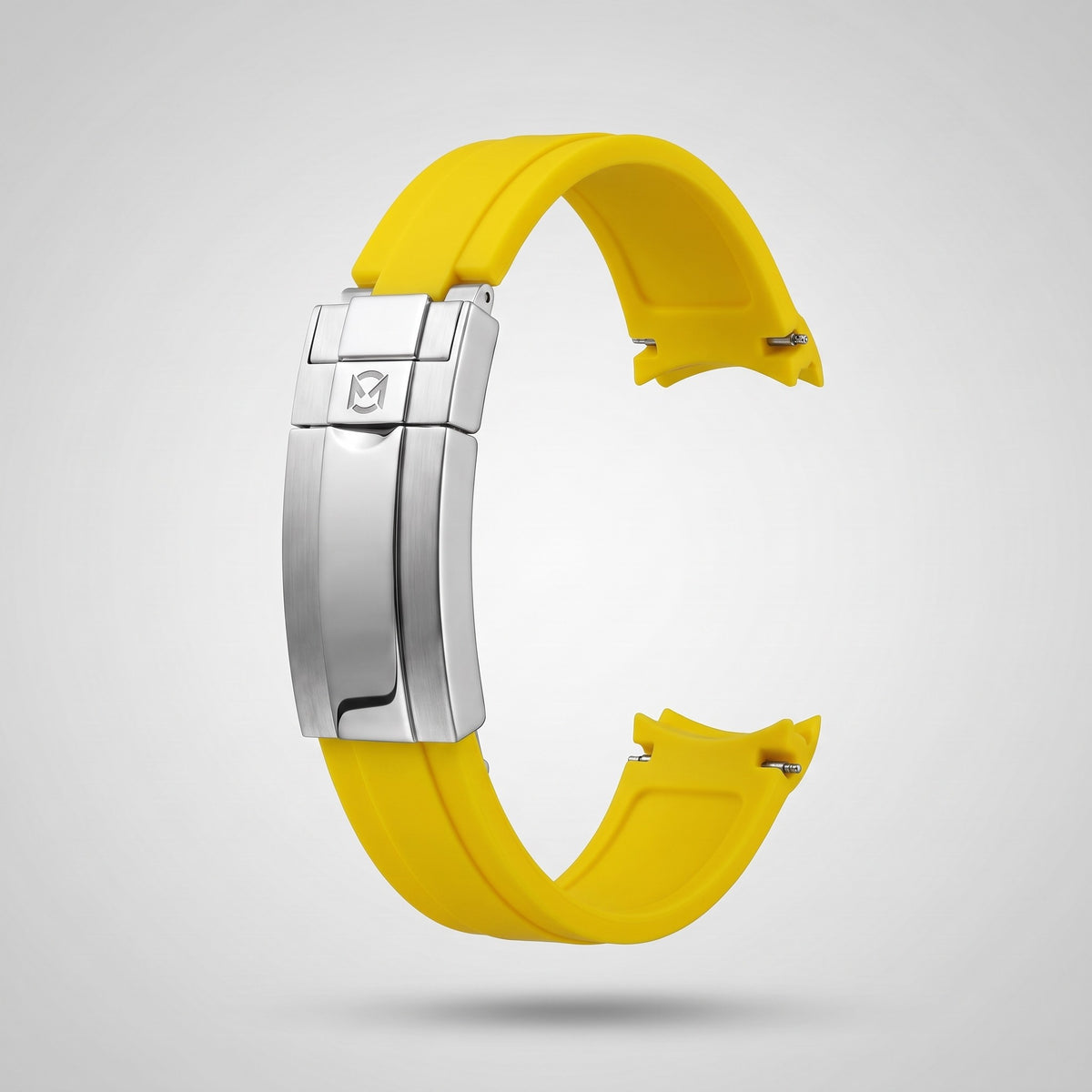 Signal Yellow quick release silicone strap 20 mm, brushed stainless steel clasp engraved with the Chrono Mod logo
