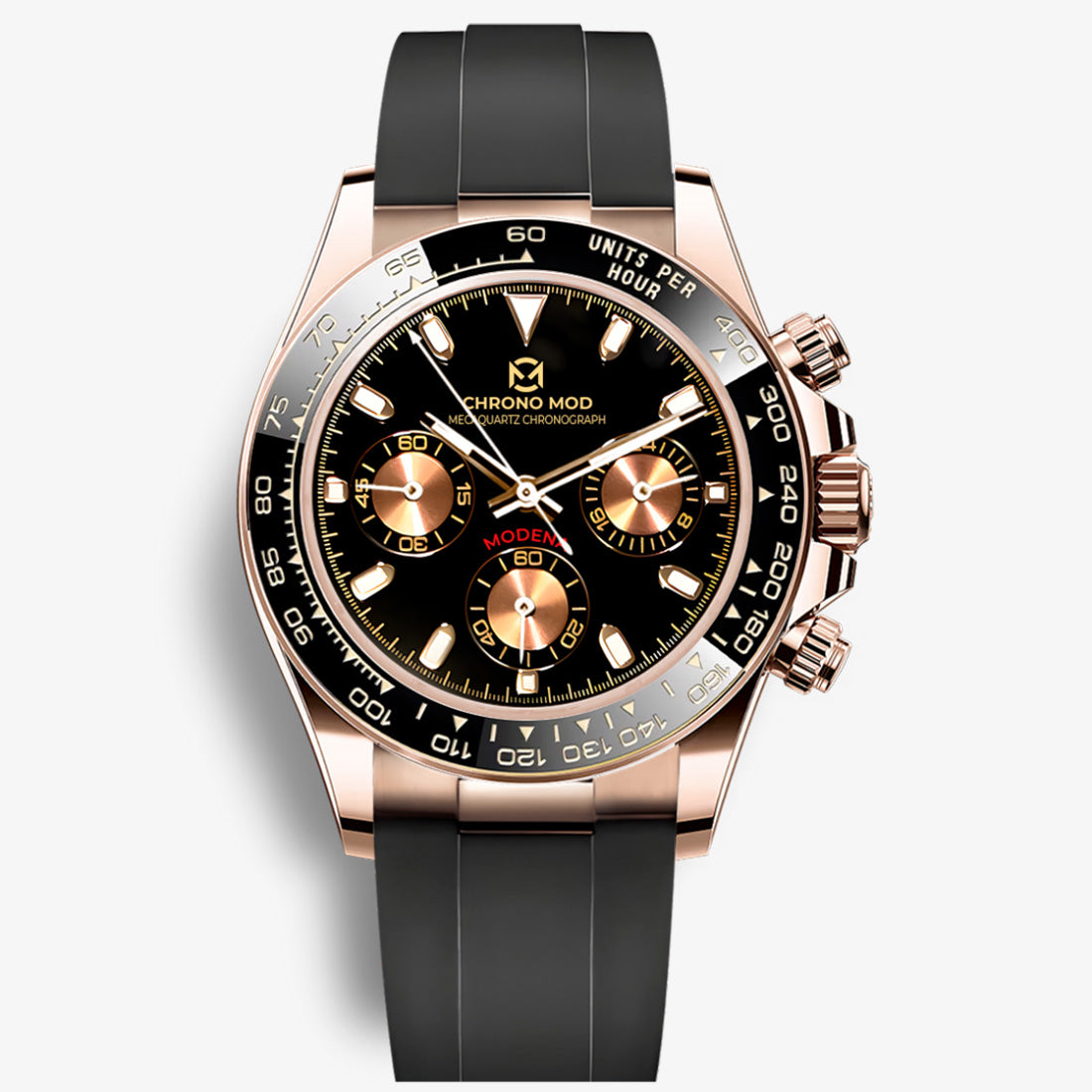 Modena – Black Chronograph · Rose Gold Rubber